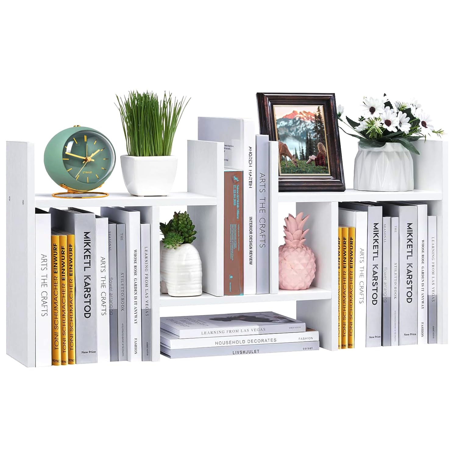 Meikuler Adjustable Wood Desktop Shelf Organizer - Solid White Office Storage Rack, Tabletop Bookshelf for Home Decor, Office & Gifts | Perfect for Organizing Books, Plants & Office Supplies on Desks