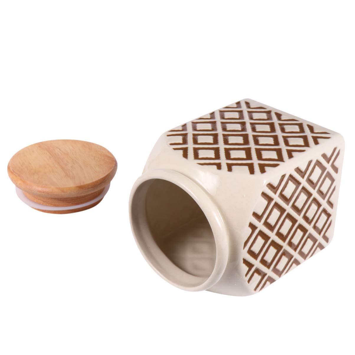 Premium Checkered Pattern Glass Food Storage Jar with Wooden Lid - Airtight Kitchen Container for Tea, Coffee Beans, Dried Fruits, Cookies & Pantry Items | Ideal for Home, Office & Gift Giving (Light Brown)