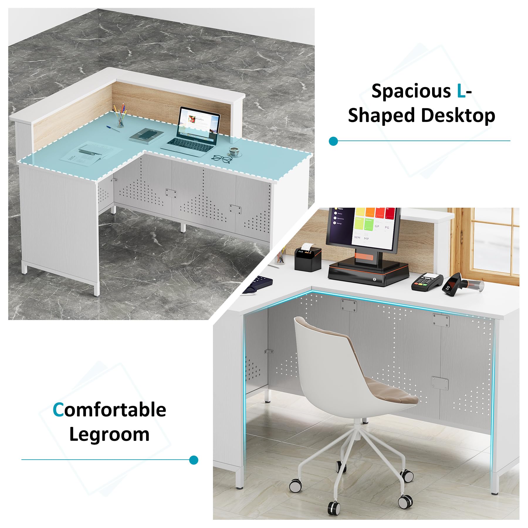 Modern L-Shaped Reception Desk with LED Lights - 60 Inch Office Front Desk, Checkout Counter Table for Lobby, Cafe & Beauty Salon - White & Light Brown - Perfect for Professional Spaces, Waiting Areas & Retail Stores