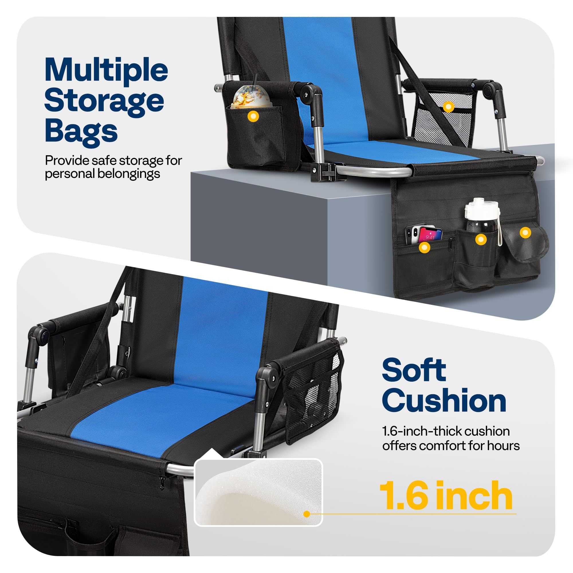 VIVOHOME 2 Pack Stadium Seats with Back Support & Cushion - Portable Bleacher Chairs with Cup Holder, Storage Bags & Shoulder Strap - Black & Blue - Perfect for Football Games, Concerts & Outdoor Events