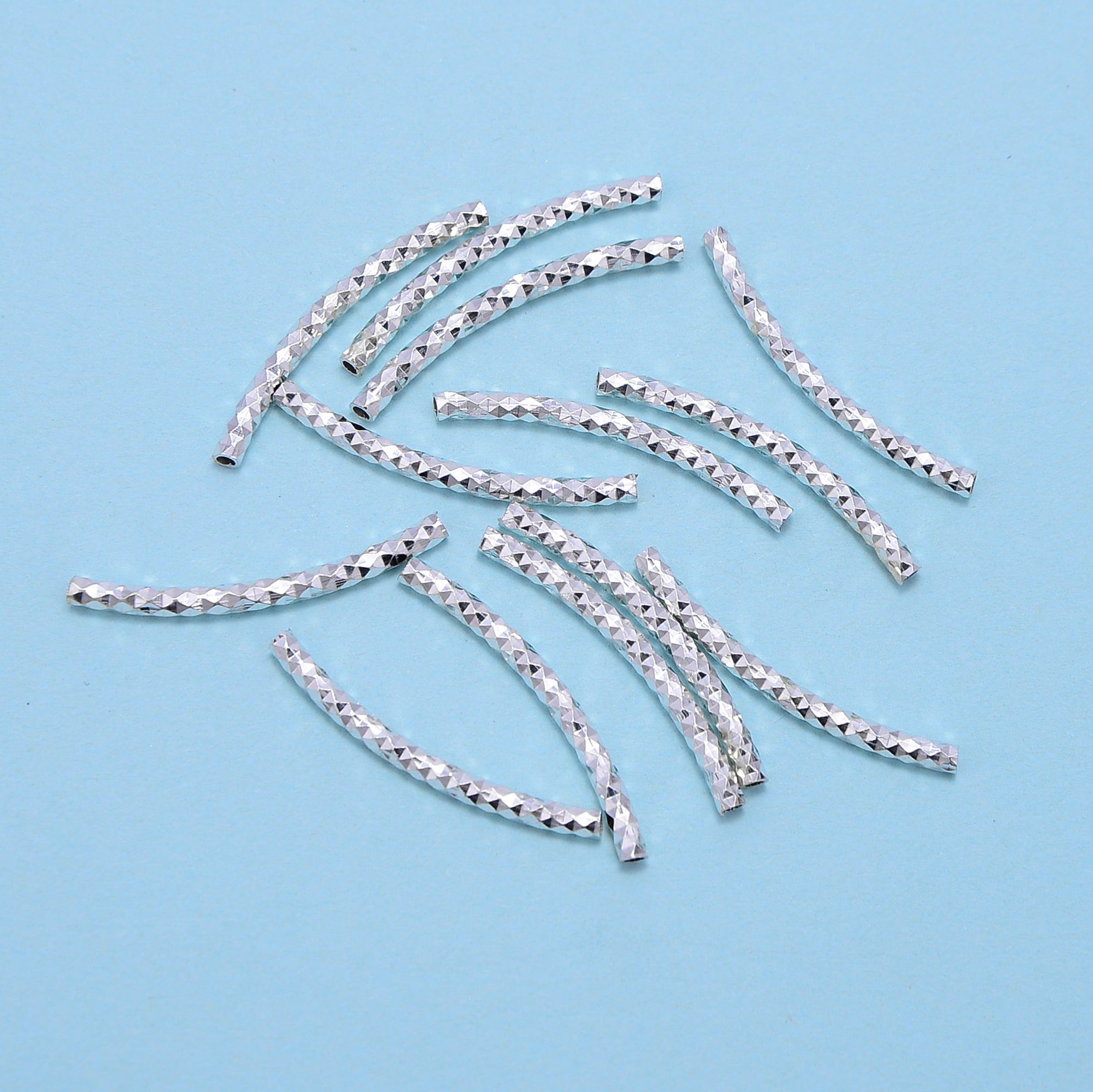 925 Sterling Silver Faceted Curved Tube Beads (2x25mm) - 6 Pieces Per Bag for Jewelry Making, DIY Crafts & Beading Projects