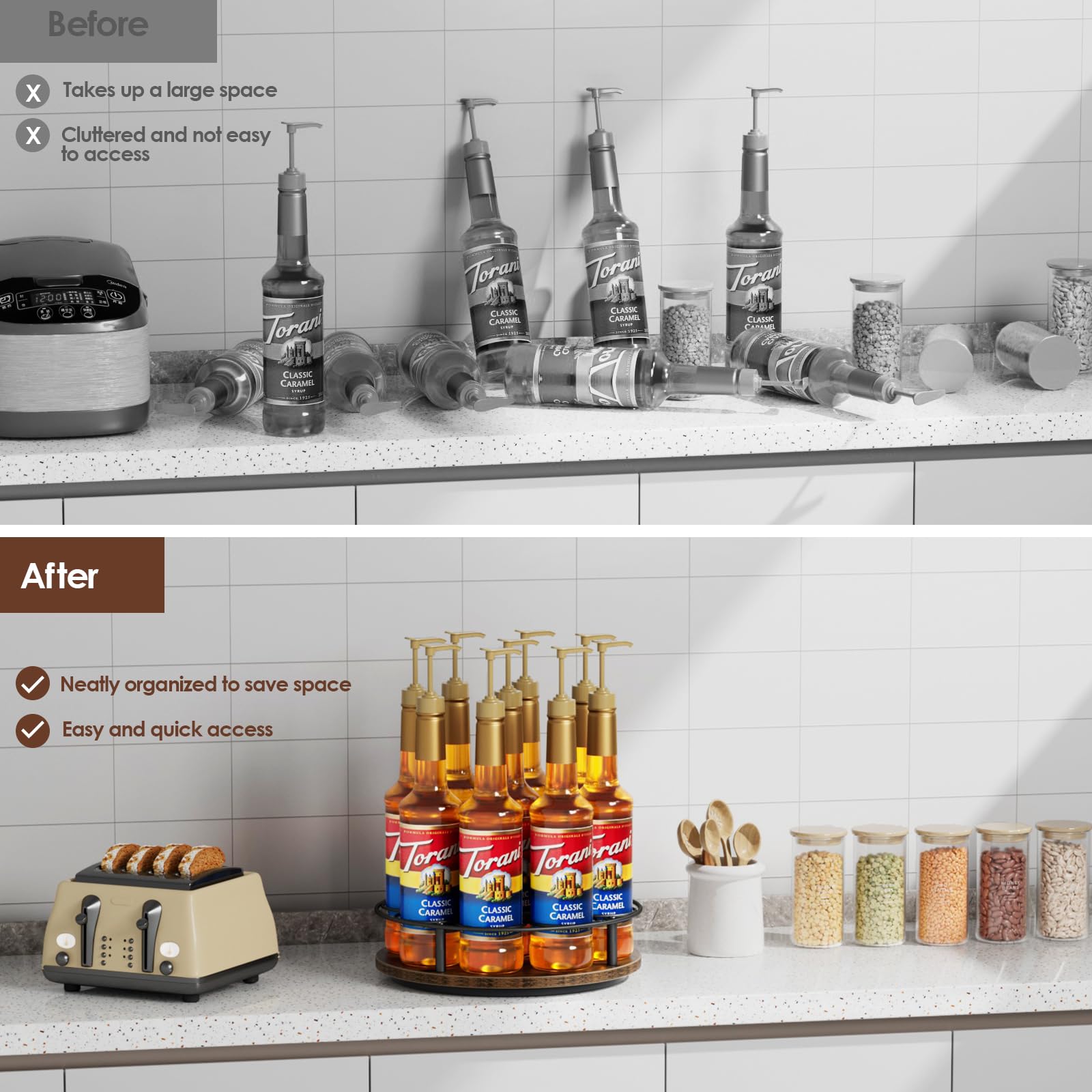 Nuovoware 9 Bottle Rotating Coffee Syrup Organizer Rack - Carbon Steel Frame with Wooden Base for Coffee, Liquor & Thermos Bottles - Space Saving Tabletop Storage for Bars, Cafes & Home Kitchens (Brown & Black)