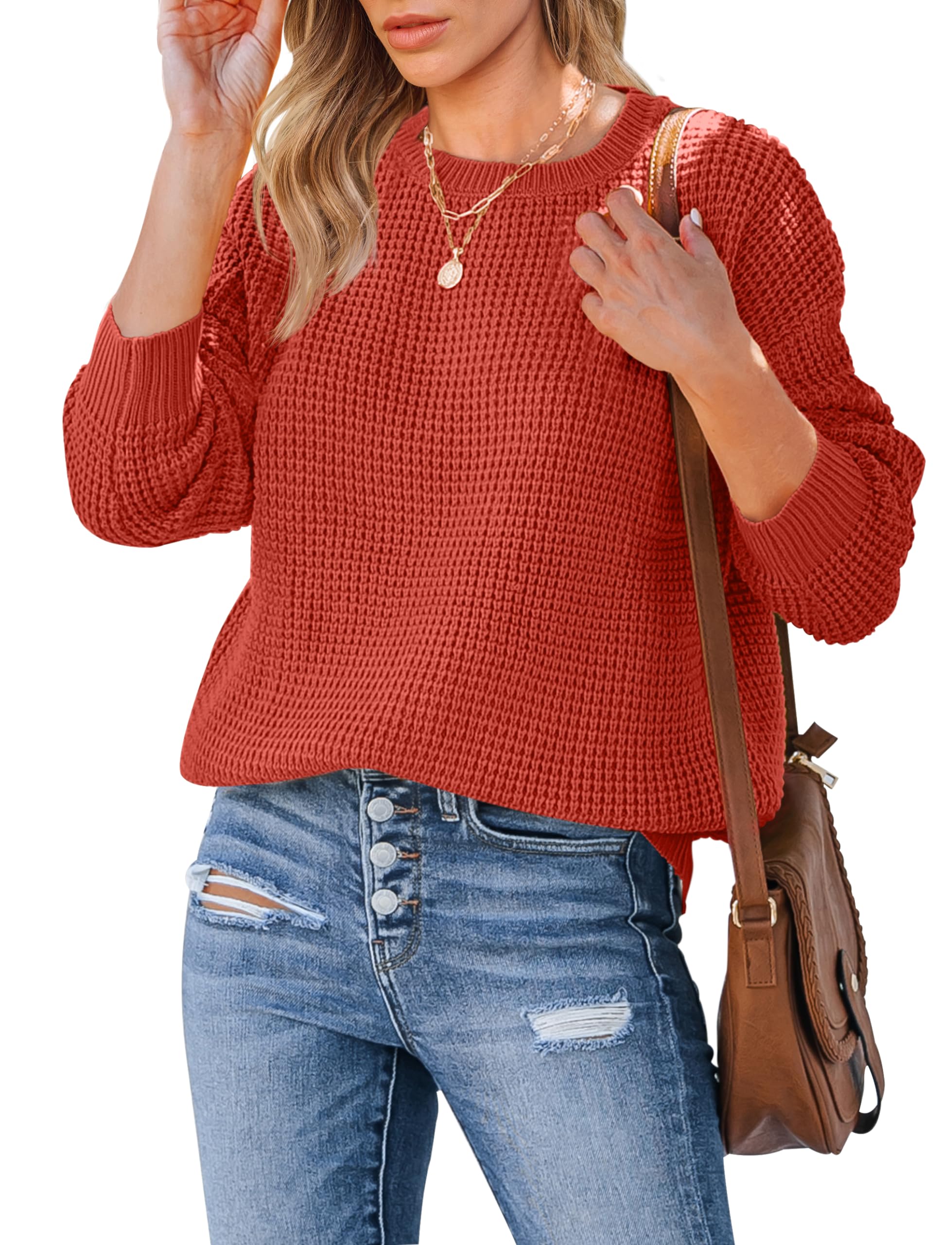 MEROKEETY Women's 2024 Long Sleeve Waffle Knit Sweater - Crew Neck Solid Color Pullover Jumper Tops for Fall & Winter | Casual Office Wear, Coffee Dates & Weekend Outfits