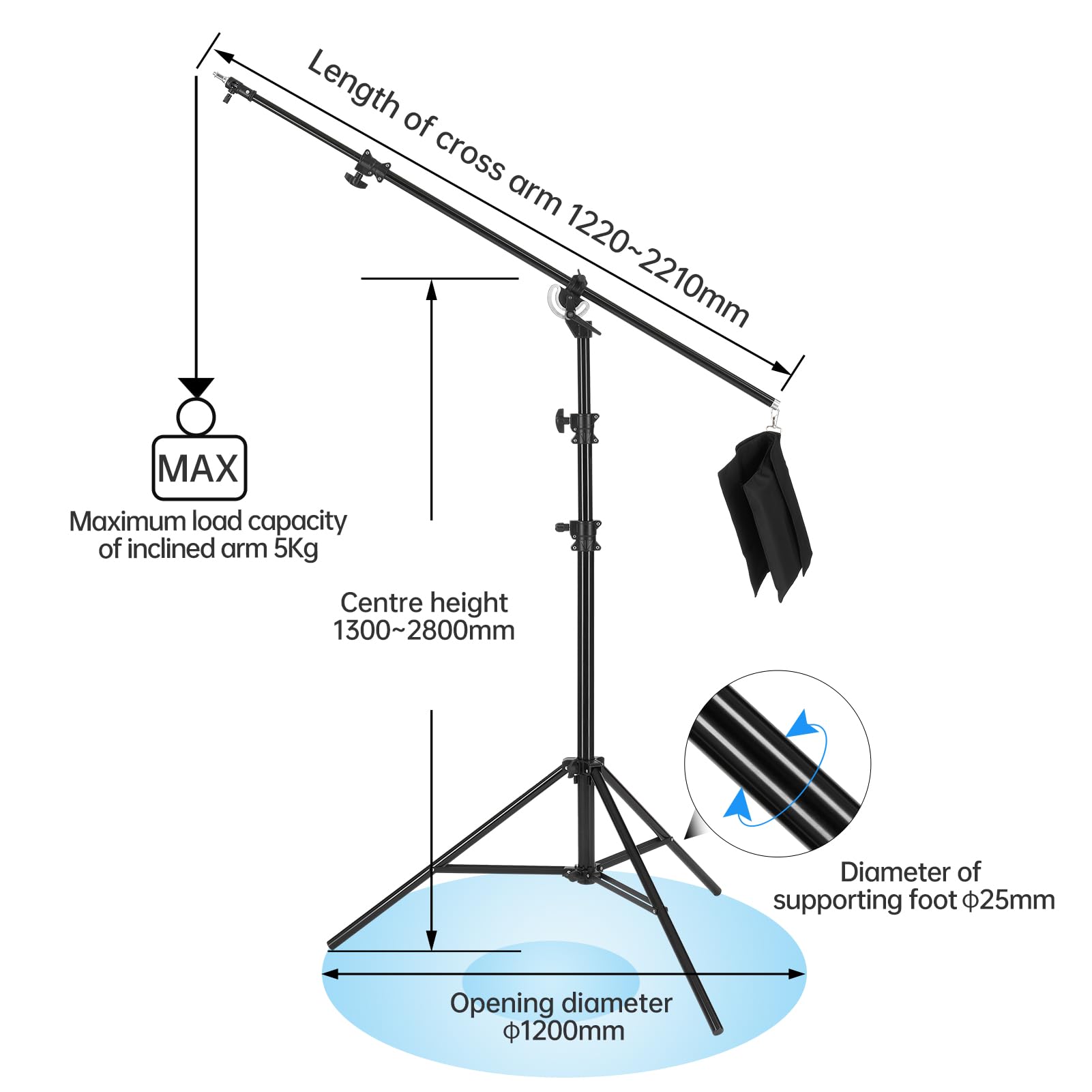 JINBEI 16.4FT/500cm Heavy Duty Boom Arm Stand with Sandbag - 22LBS Load Capacity, 360° Rotatable Adjustable Aluminum Holding Arm for Studio Photography & Video Lighting (Perfect for Product Shoots, YouTube Videos & Professional Studio Setups)