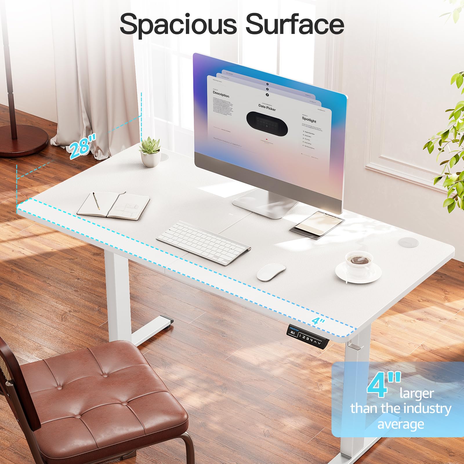 MOUNTUP Electric Height Adjustable Standing Desk - 55 x 28 Inches Sit Stand Desk with Memory Controller, Ergonomic Home Office Desk with Splice Board (White) - Perfect for Work from Home, Gaming & Study Setup