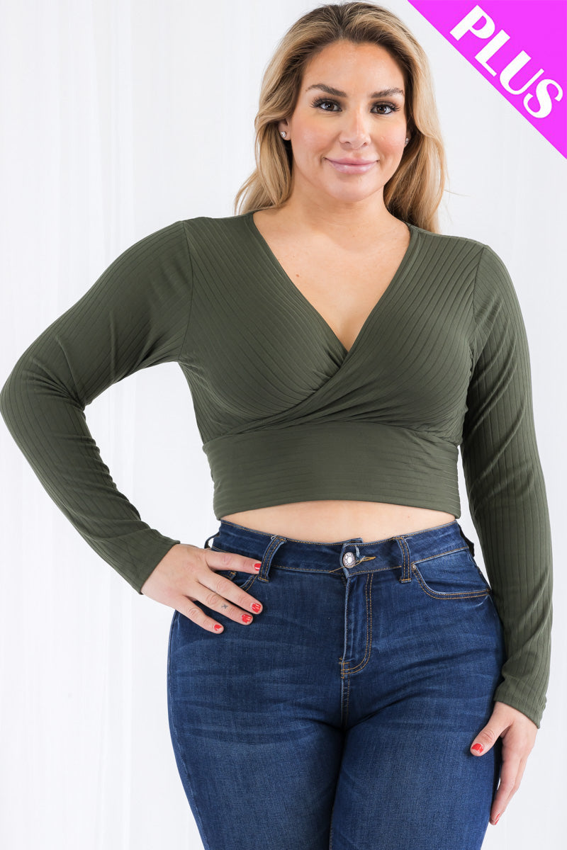 Plus Size Ribbed Wrap Front Long Sleeve T-Shirt for Women - CAPELLA | Flattering Casual & Work Blouse for Curvy Figures | Perfect for Office, Date Night & Everyday Wear