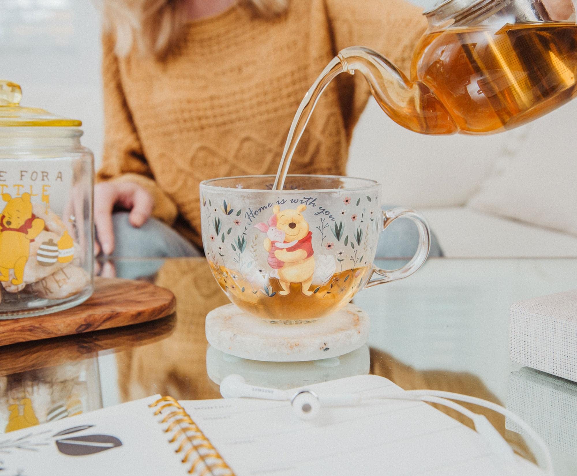 Disney Winnie the Pooh and Piglet Floral Glass Mug - 16oz Large Coffee Cup for Espresso, Tea & Mocha - Perfect for Home, Office or Gift Giving