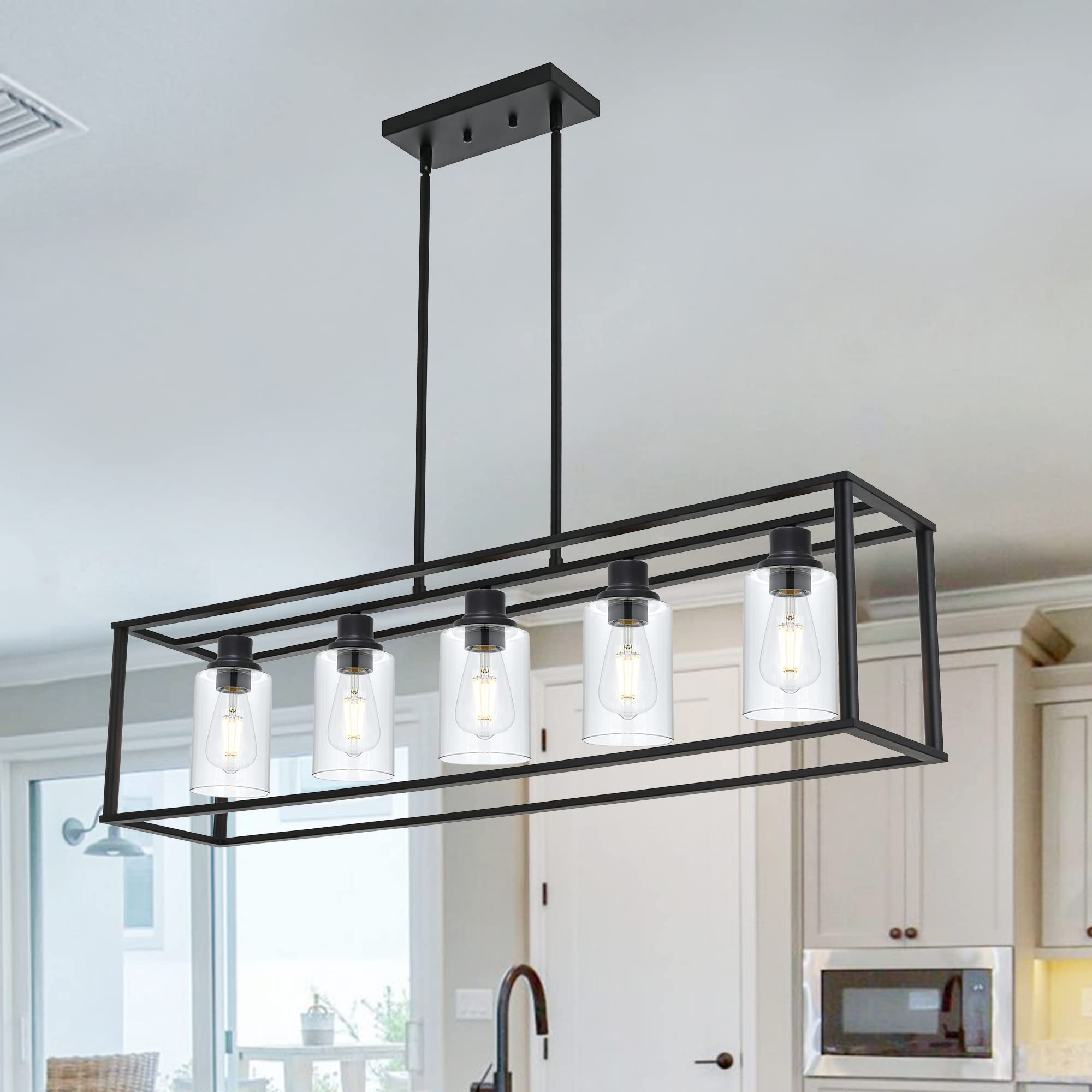 Lucidce Black 5-Light Farmhouse Rectangular Linear Chandelier with Clear Glass Shades - Modern Dining Room Ceiling Light Fixture for Kitchen Island, Breakfast Nook & Contemporary Home Decor