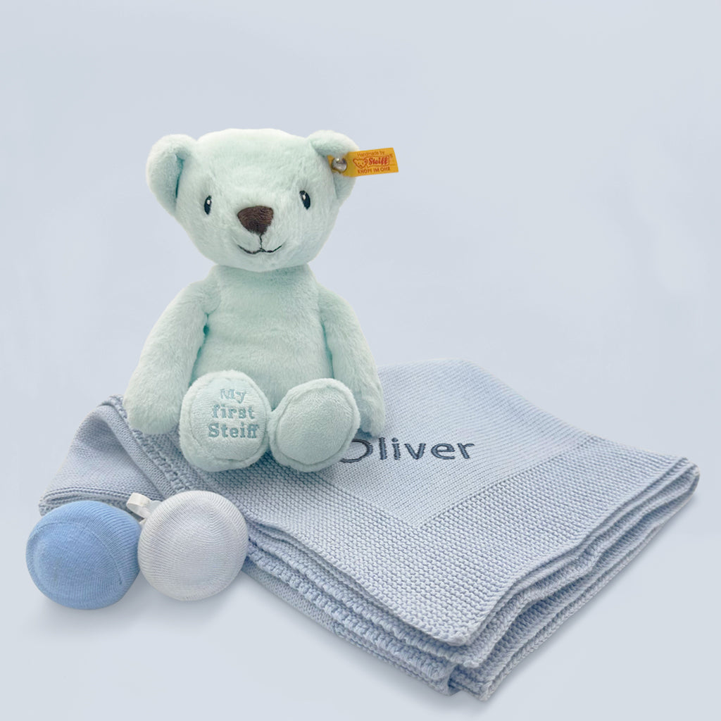 Personalized My First Steiff Baby Socks and Blanket Gift Set - Newborn Essentials in Blue - Perfect for Baby Showers, Christenings & Welcome Home Gifts