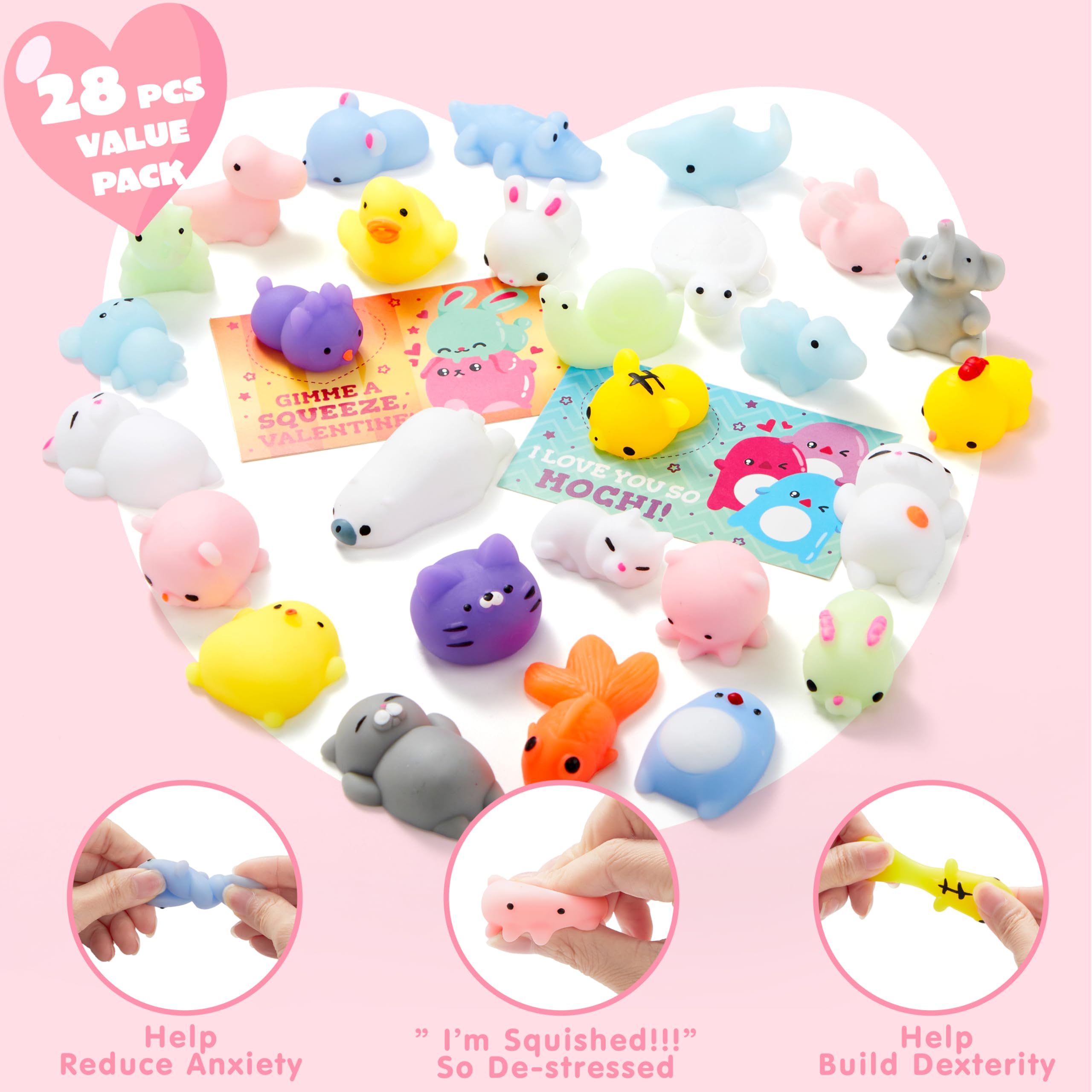 JOYIN 28 Pack Kawaii Mochi Squishy Toys with Gift Cards - Stress Relief Fidget Toys for Kids, Classroom Prizes, Party Favors & Sensory Play - Perfect for Birthday Gifts, School Rewards and Anxiety Relief