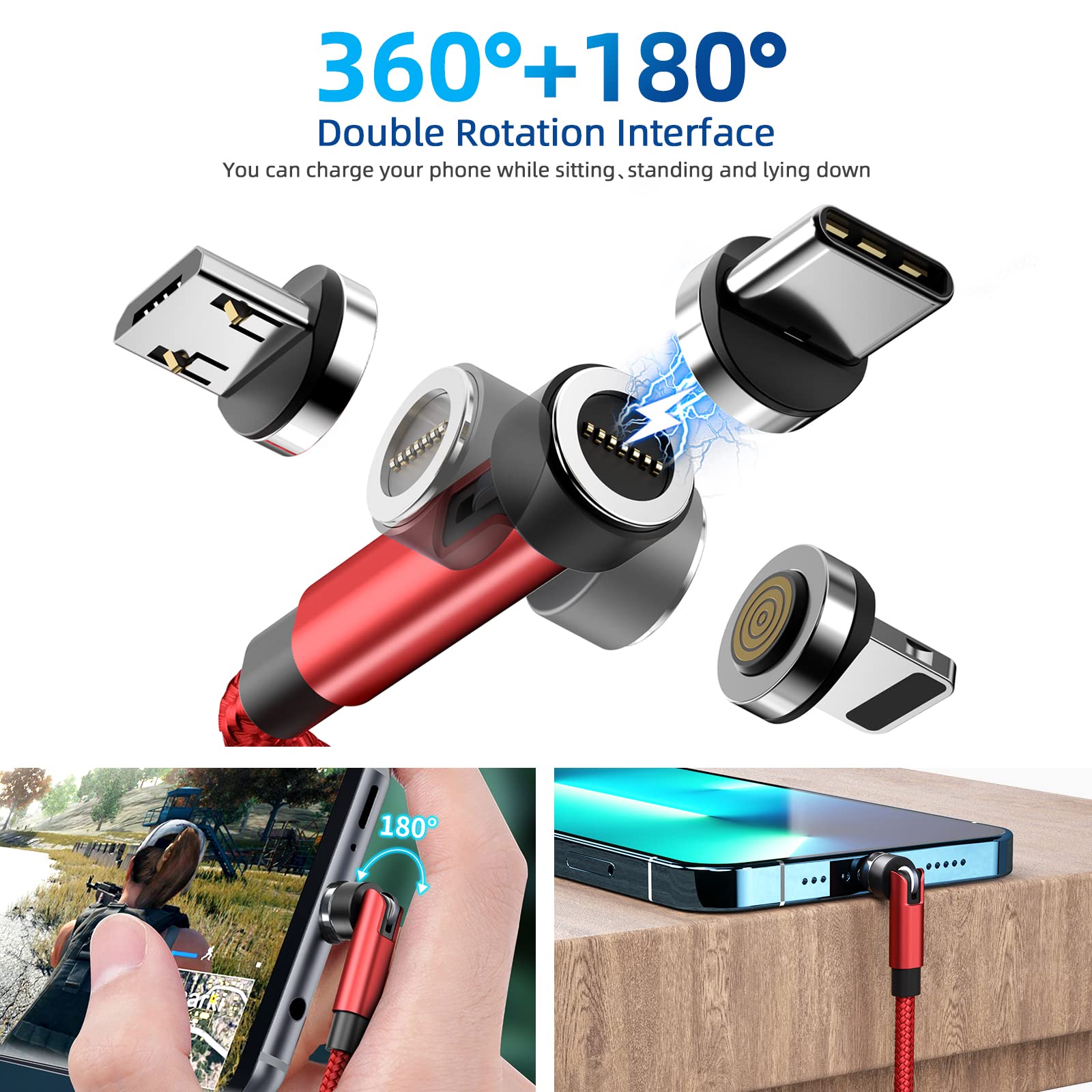Ankndo 540° Rotating Magnetic Charging Cable 3-in-1 Fast Charger [4-Pack 3ft/6ft/10ft] 3A Quick Charge & Data Sync for iPhone 15/14/13, Samsung, Android - Red | Perfect for Home, Office & Travel Charging