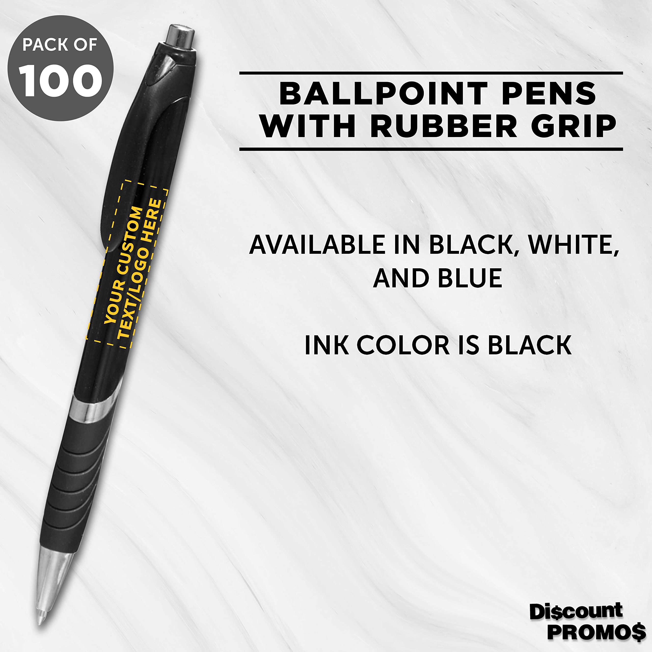 100 Pack Customizable Ballpoint Pens with Rubber Grip - Soft Touch Plastic, Black Ink - Add Your Text/Logo - Perfect for Office, School & Corporate Gifts