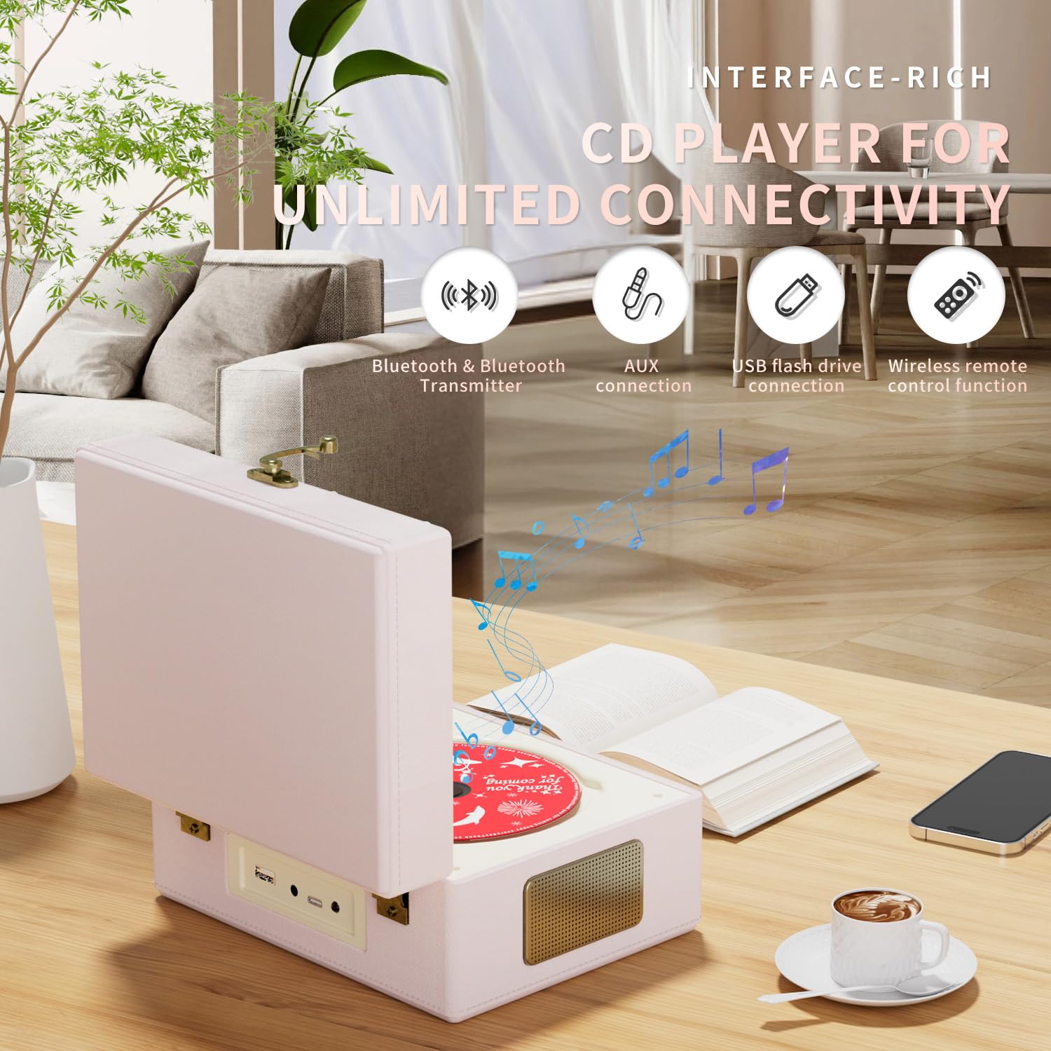 Time Music Box CD Player with Bluetooth & Speakers - Wireless Audio Transmitter for Home, Office, or Party | Perfect Gift for Music Lovers & Home Decor (Pink)