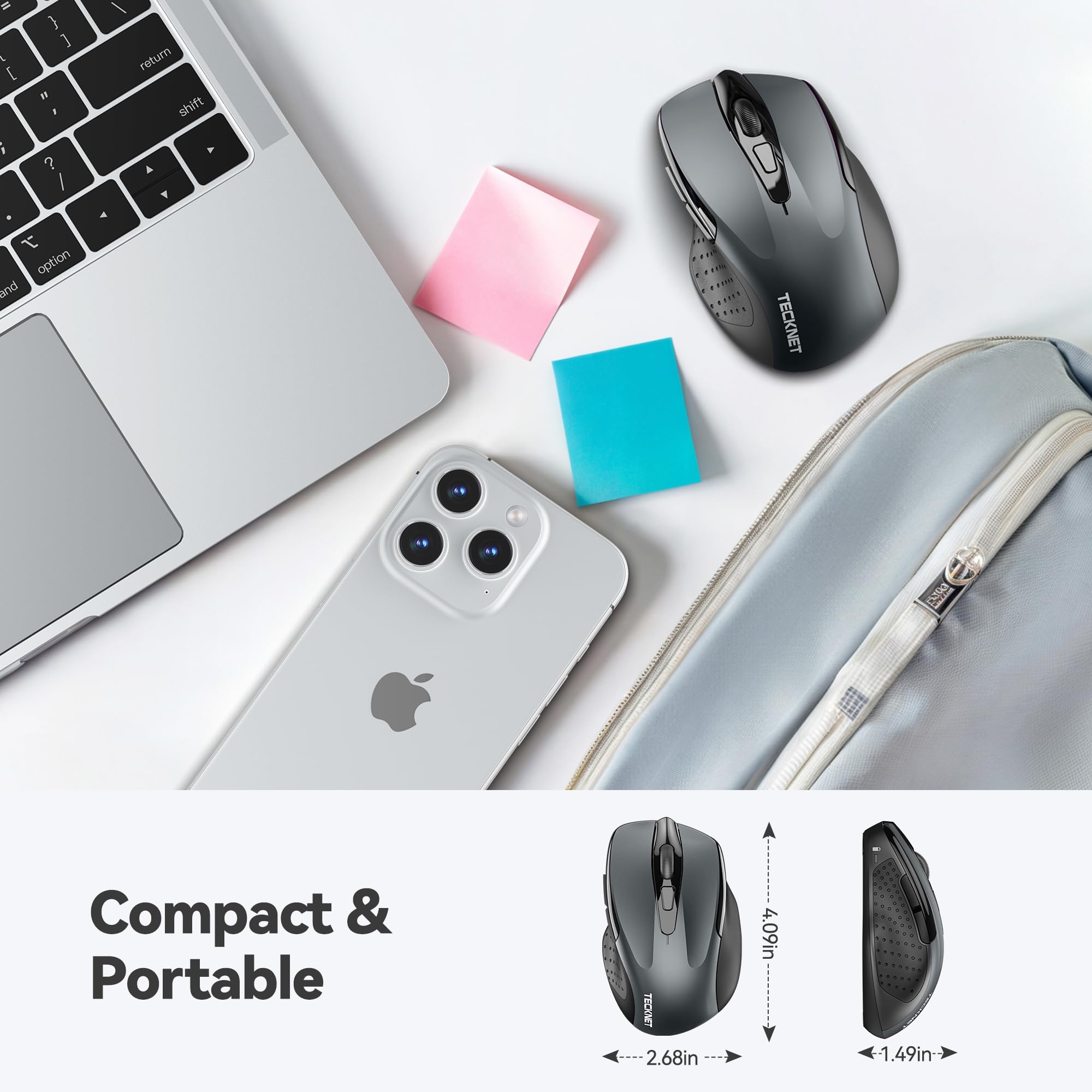 TECKNET Wireless Ergonomic Mouse - 2.4G Optical Computer Mouse for Laptop, PC, Chromebook, Notebook - 6 Buttons, 2600 DPI, 5 Adjustable Levels, 24-Month Battery Life - Ideal for Office, Home, and Gaming Use