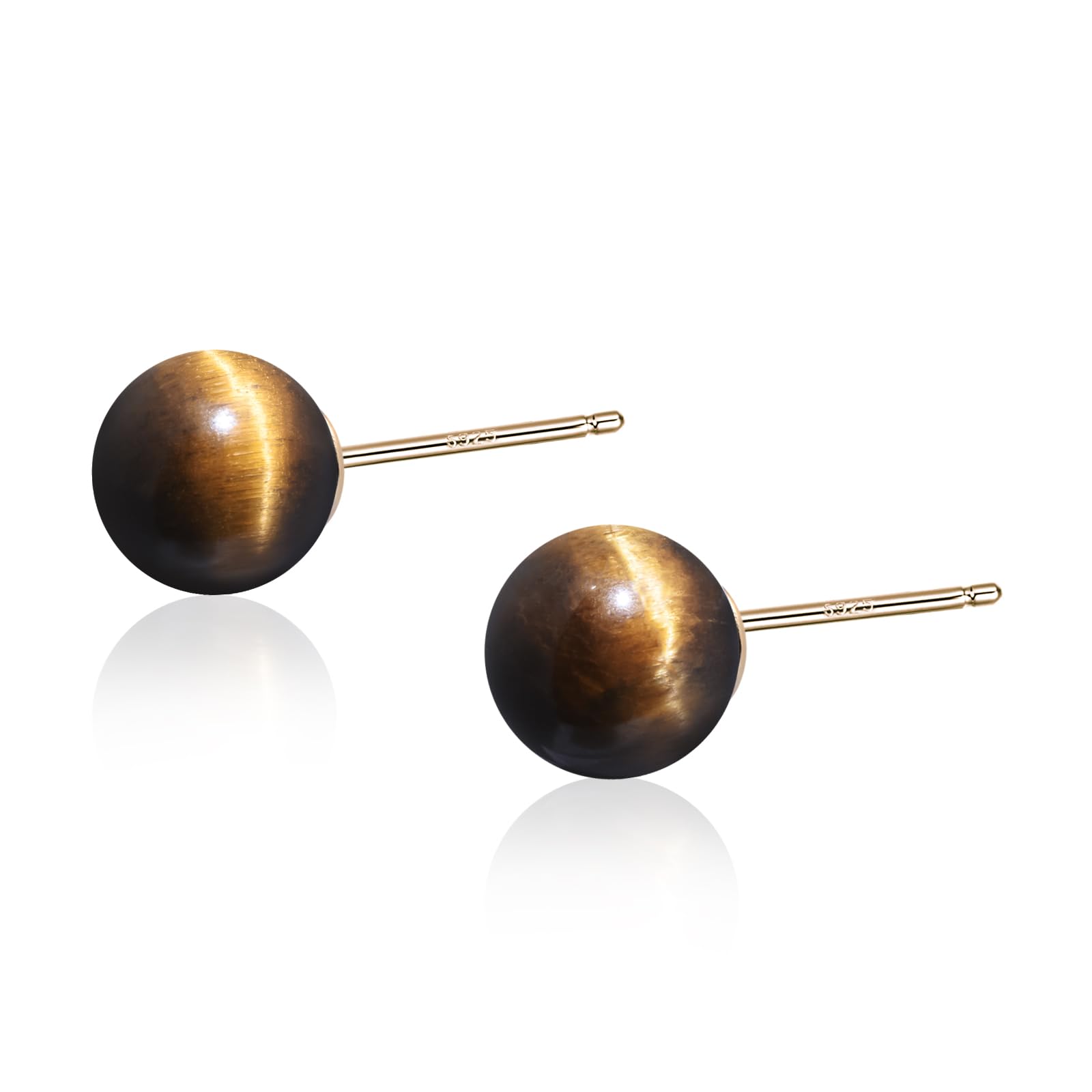 8mm Round Tiger Eye Stone Stud Earrings - Gold Plated Brown Gemstone Jewelry for Women | Perfect Gift for Birthday, Anniversary & Everyday Wear