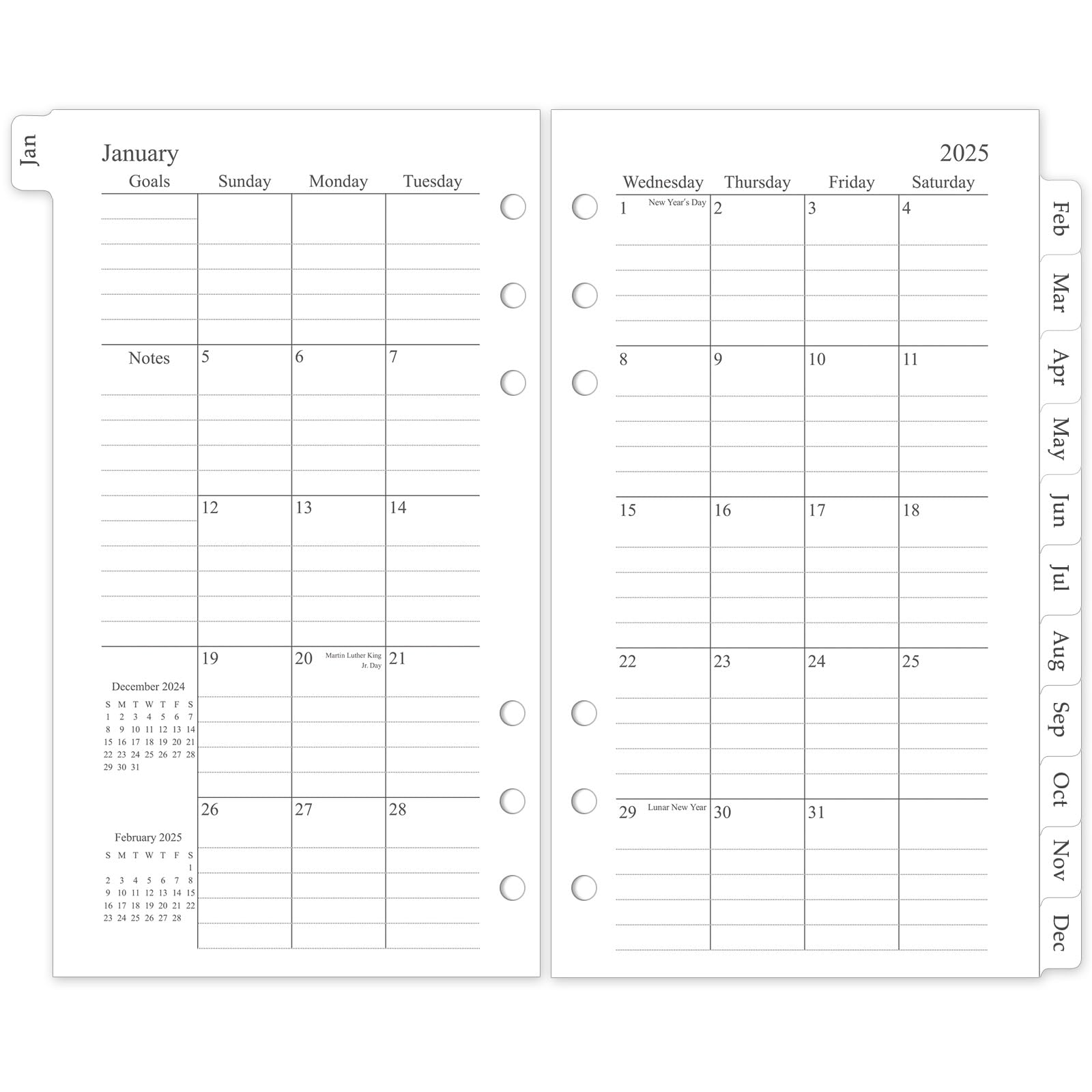 2025 Monthly Planner Refill - A6 6-Ring Binder Inserts with 12 Tabbed Calendars (3.8