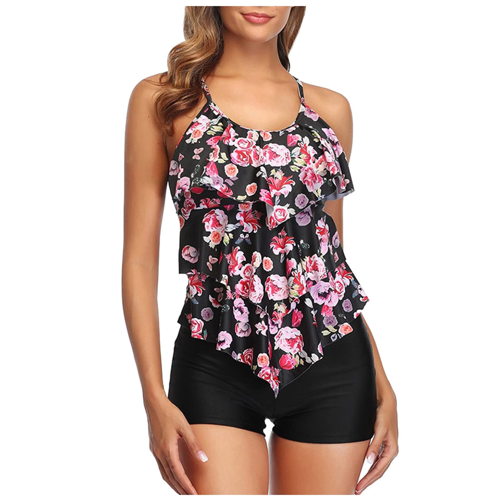 Women's Two Piece Printed Swimsuit with Padded Top & Swim Shorts - Multicolor, Size S - Perfect for Beach Vacations, Pool Parties & Summer Getaways