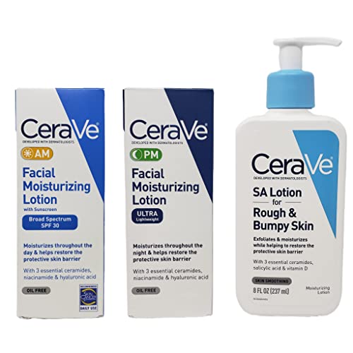CeraVe Daily Skincare Bundle - SA Lotion for Rough & Bumpy Skin (8 oz), AM Facial Moisturizer with SPF (2 oz), PM Night Moisturizer (2 oz) | Dry Skin Care Routine for Face & Body | Dermatologist Recommended