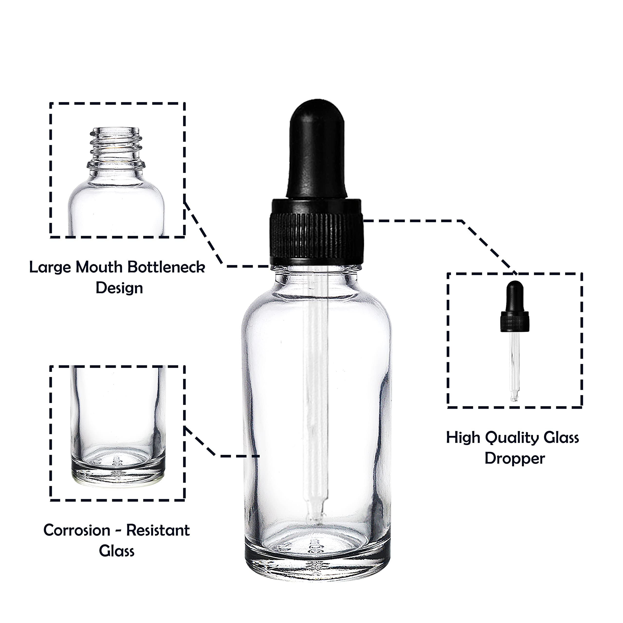 NSB Herbals 30ml Clear Round Empty Glass Bottle with Glass Dropper, Black Ring & Silicone Teat - Refillable Essential Oil, Perfume & Blend Container (Pack of 3) - Perfect for Aromatherapy, DIY Beauty Products & Travel Size Liquids
