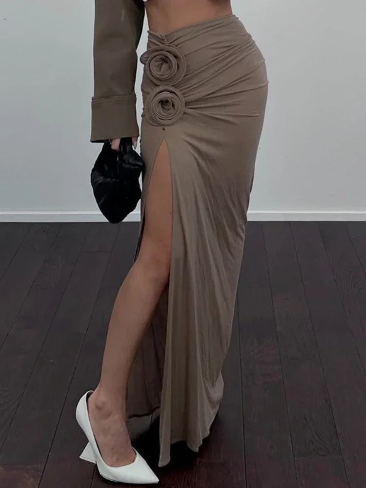 2024 Trendy 3D Floral Appliques Long Maxi Skirt with High Slit - Elegant & Sexy Irregular Hem Women's Skirt for Parties, Weddings & Summer Outfits