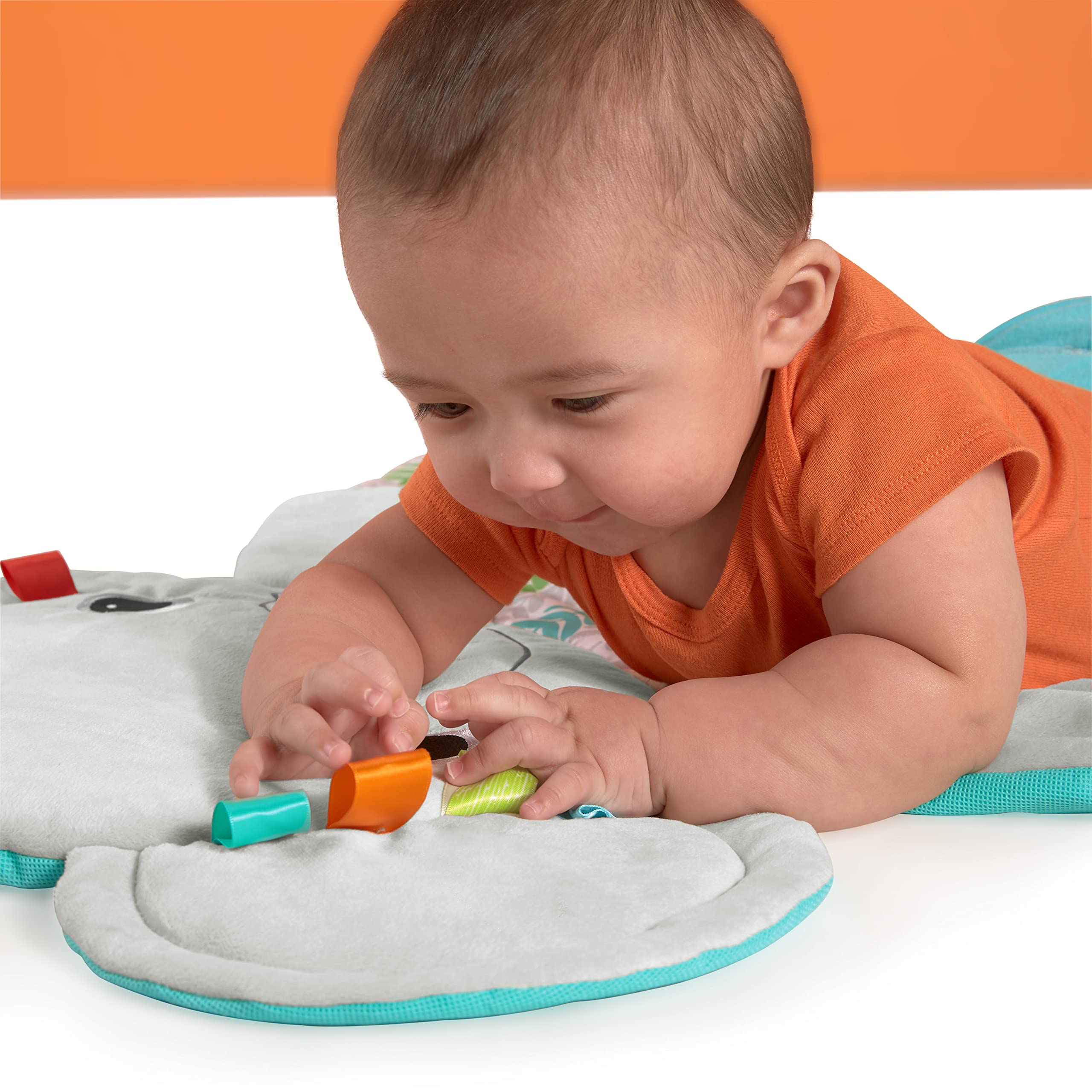 Bright Starts Hug 'n Cuddle Elephant Activity Baby Gym & Tummy Time Play Mat with 5 Take-Along Toys for Newborns 0-12 Months - Perfect for Infant Development, Sensory Play & Nursery Decor