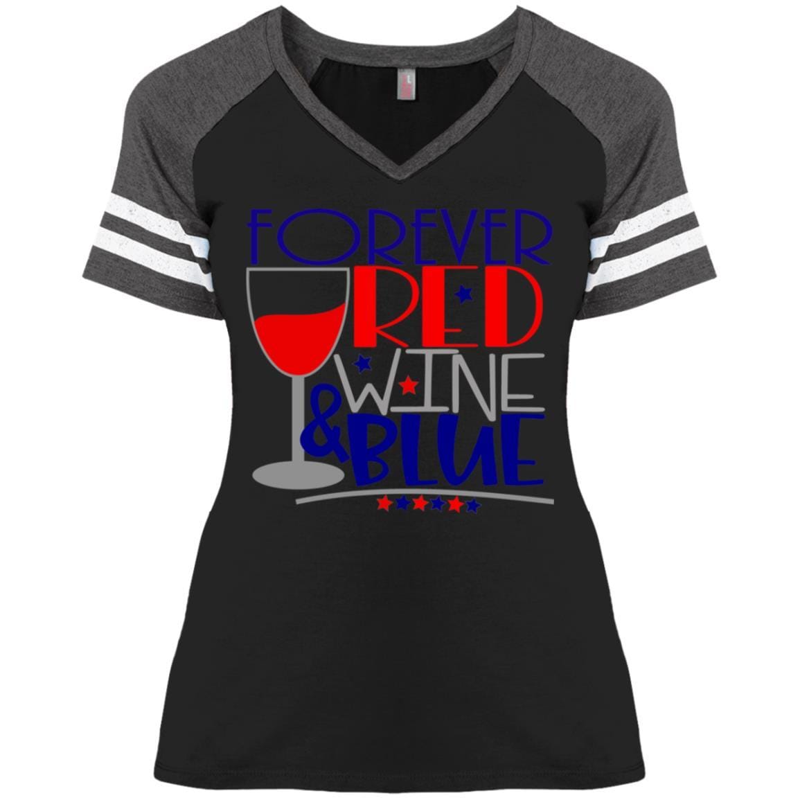 Forever Red Wine & Blue Ladies' Game V-Neck T-Shirt - Patriotic Women's Casual Tee for 4th of July, BBQ Parties & Girls Night Out