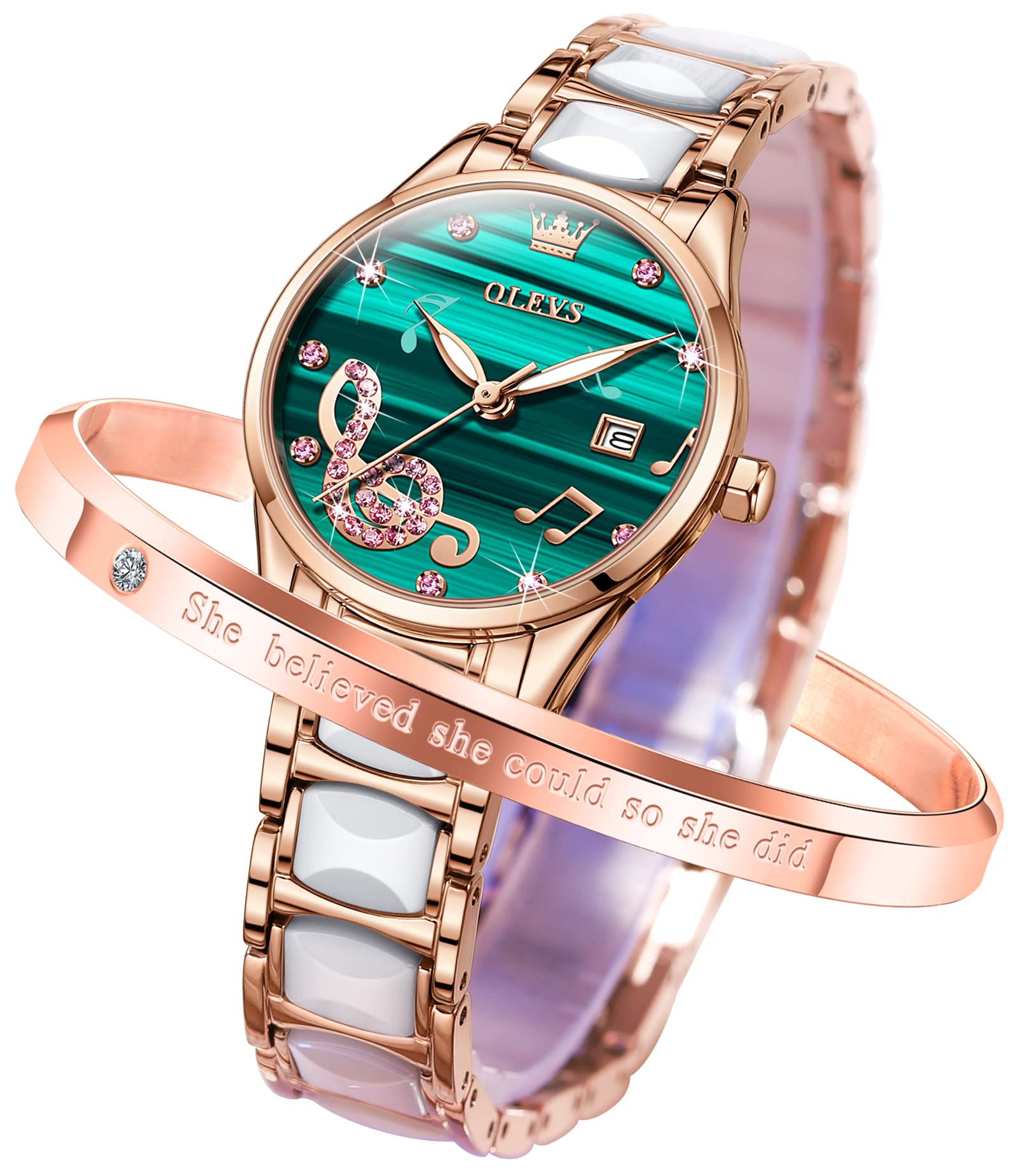 OLEVS Women's Rose Gold Ceramic Watch - Elegant Quartz Stainless Steel Waterproof for Daily Wear