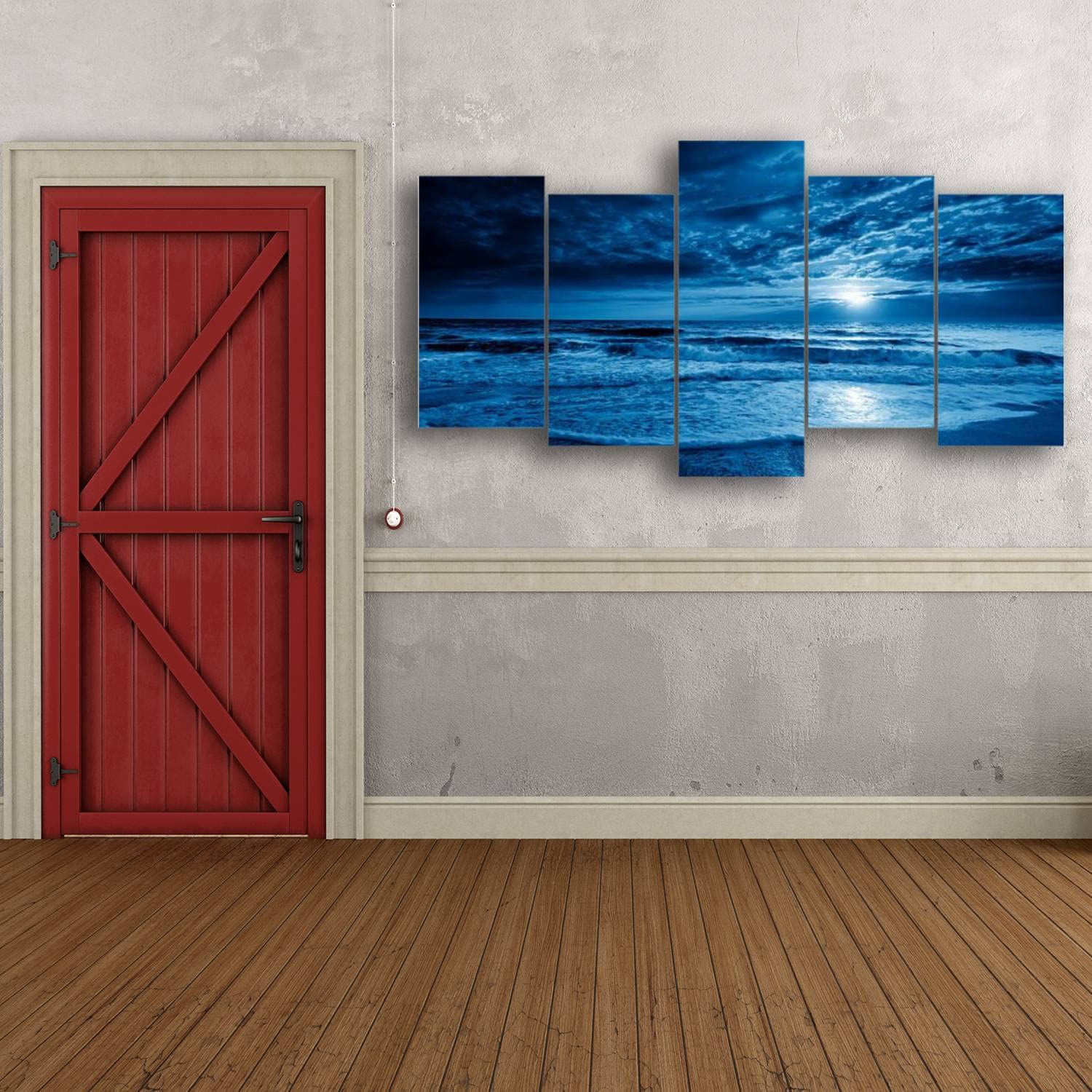 Midnight Blue Coastal Moonrise Canvas Wall Art - 5 Panels for Living Room & Bedroom Decor