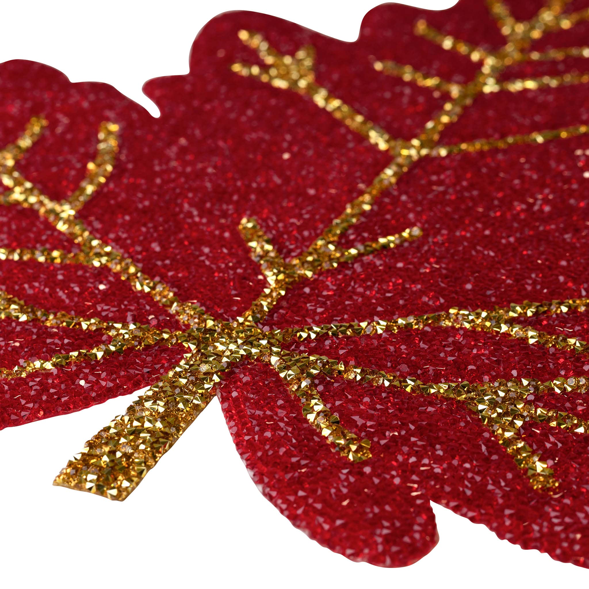 Luminous Leaf Placemat with Red & Gold Sparkling Rhinestone Pattern - Non-Slip Dining Table Decor for Festive Holiday Parties, Thanksgiving, Christmas, and Seasonal Celebrations - 15 Inch Round Place Setting