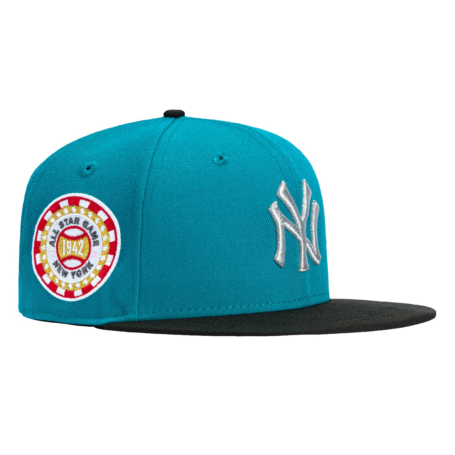 New Era 59Fifty New York Yankees 1942 All Star Game Patch Snapback Hat - Teal, Black & Metallic Silver - Official MLB Baseball Cap for Men & Women - Perfect for Games, Collecting & Streetwear Fashion