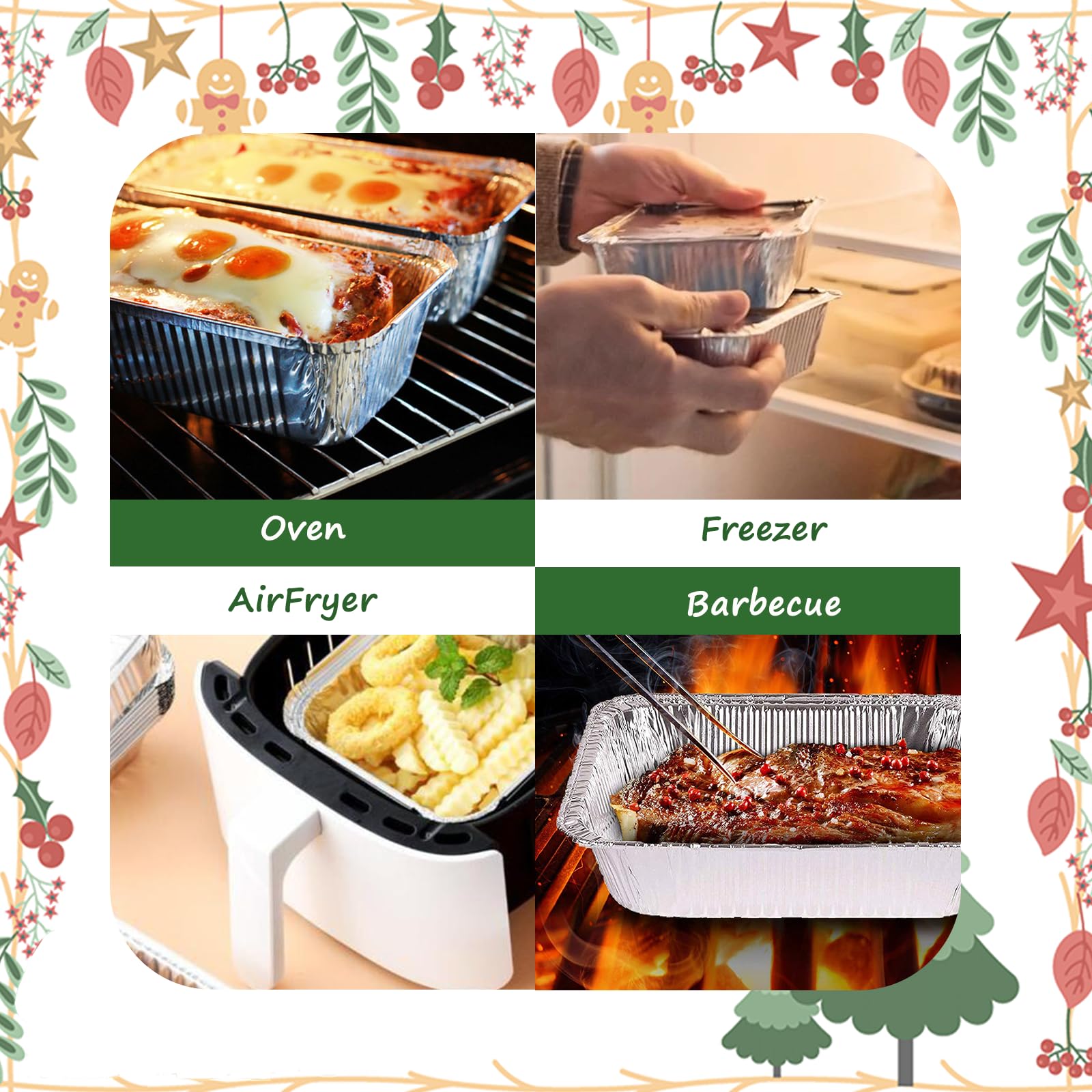 50PCS Christmas Foil Food Storage Containers with Lids - Aluminum Baking Cookie & Leftover Containers for Holiday Treats, Parties, Cooking & Gift Giving | Perfect for Christmas Dinner, Cookie Exchange & Festive Gatherings