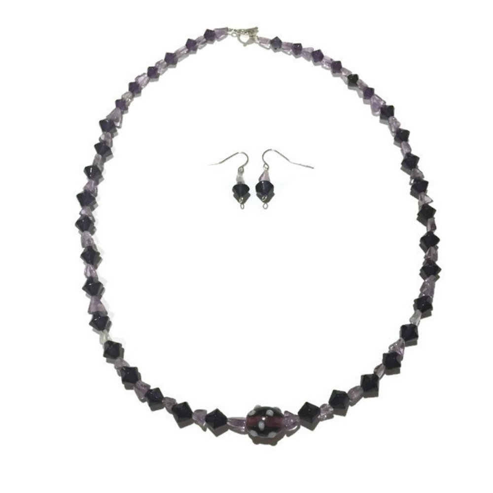 Handmade Purple Lampwork Glass & Amethyst Jewelry Set - Necklace & Earrings for Women | Perfect for Weddings, Parties & Gift Giving