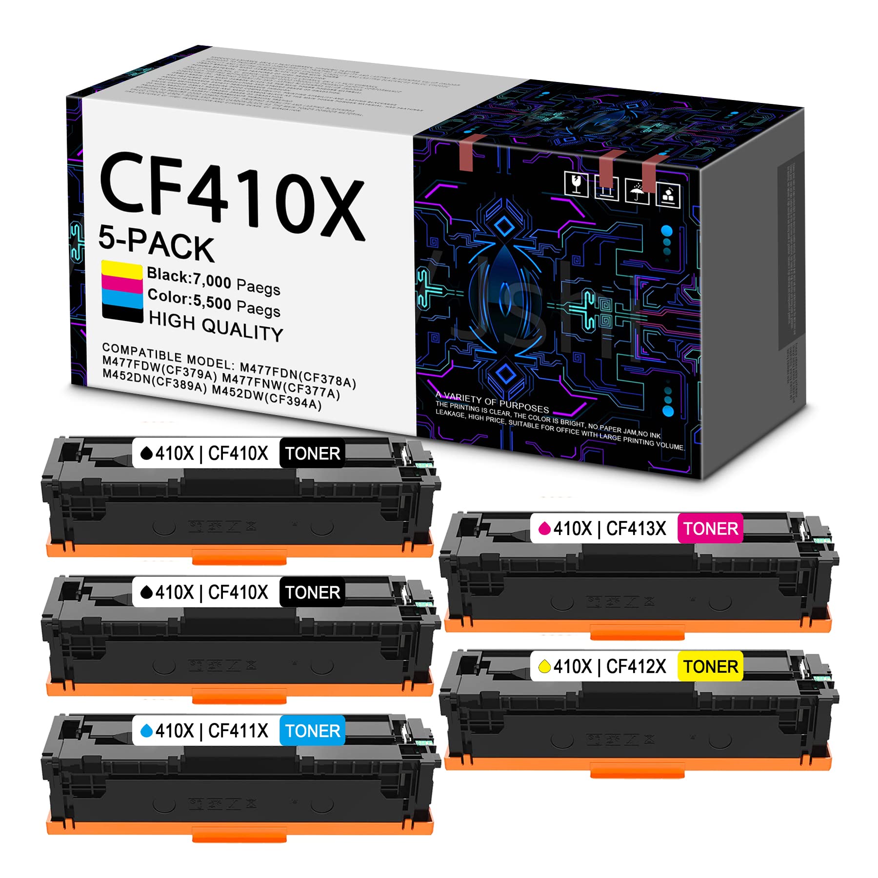 High Yield Toner Cartridge Replacement for HP M477fnw M477fdn M477fdw M452dn M452dw M452nw Printer - Compatible with CF410X CF411X CF412X CF413X (5 Pack, 2BK+1C+1M+1Y) - Perfect for Office & Home Printing Needs