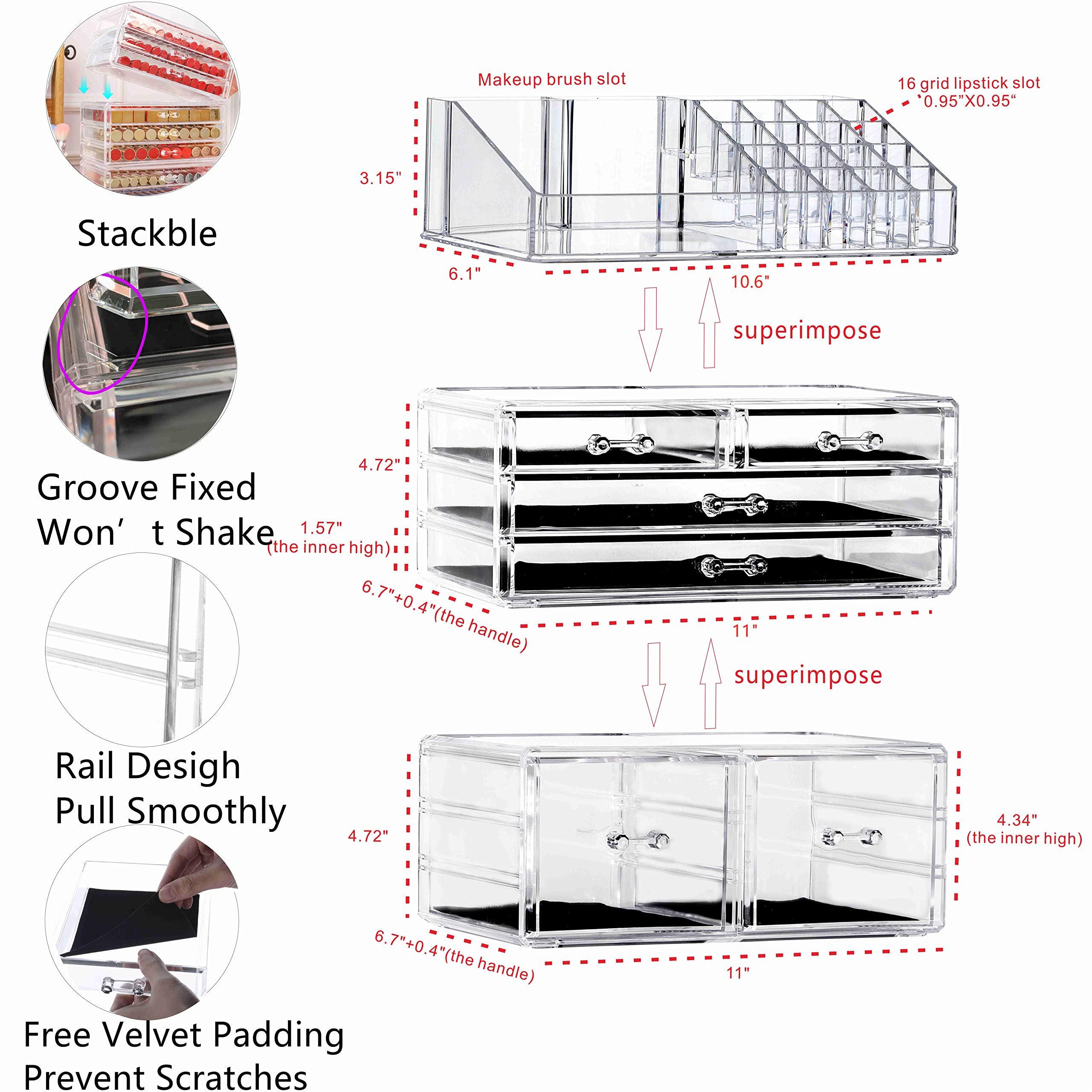 3-Pack Clear Acrylic Makeup Organizer with 6 Stackable Drawers - Vanity & Bathroom Storage for Jewelry, Hair Clips, Skincare & Beauty Products - Perfect for Bedroom, Dressing Table and Countertop Organization