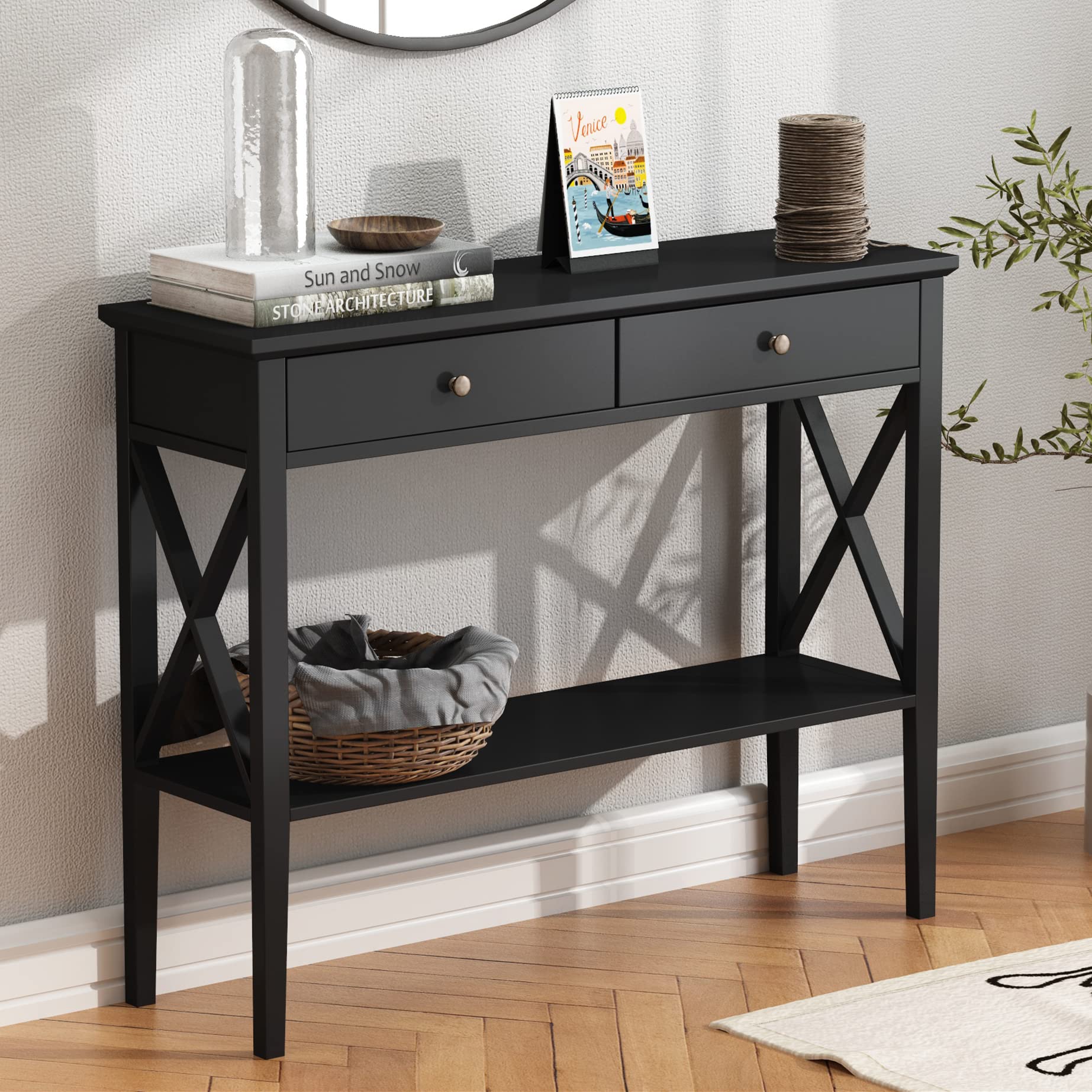 ChooChoo Narrow Wood Console Table with Drawers & Storage Shelf - Entryway Sofa Table for Hallway, Living Room & Front Hall | Perfect for Small Spaces & Home Decor Organization (Black)
