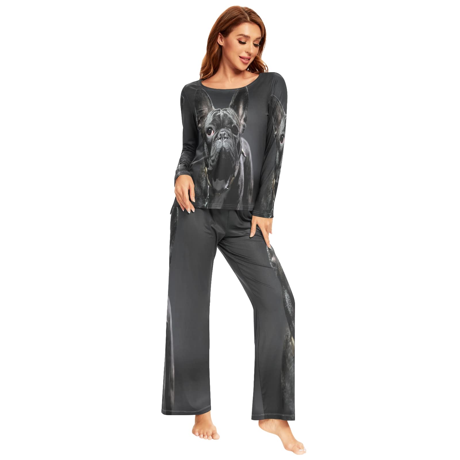 French Bulldog Print Black Pajama Set for Women - 2-Piece Long Sleeve Sleepwear & Lounge Outfit | Cozy Nightwear for Relaxing at Home or Sleepovers