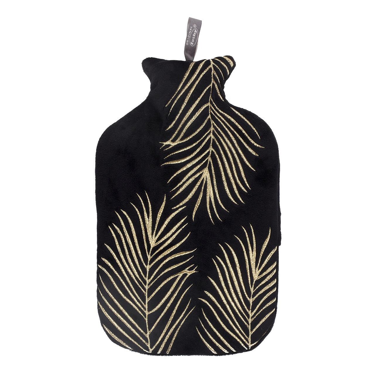 2L Fashy Hot Water Bottle with Black & Gold Fern Fleece Cover - Warm & Cozy for Winter Nights, Period Pain Relief, Bed & Sofa Use