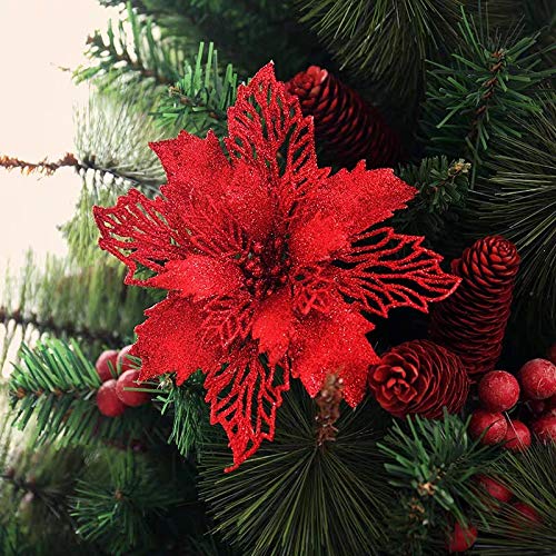 12 Pack Red Glitter Artificial Poinsettia Flowers - 6 Inch (16cm) Christmas Wreath & Tree Decorations - Perfect for Holiday Home Decor, Party Centerpieces, and Festive DIY Crafts