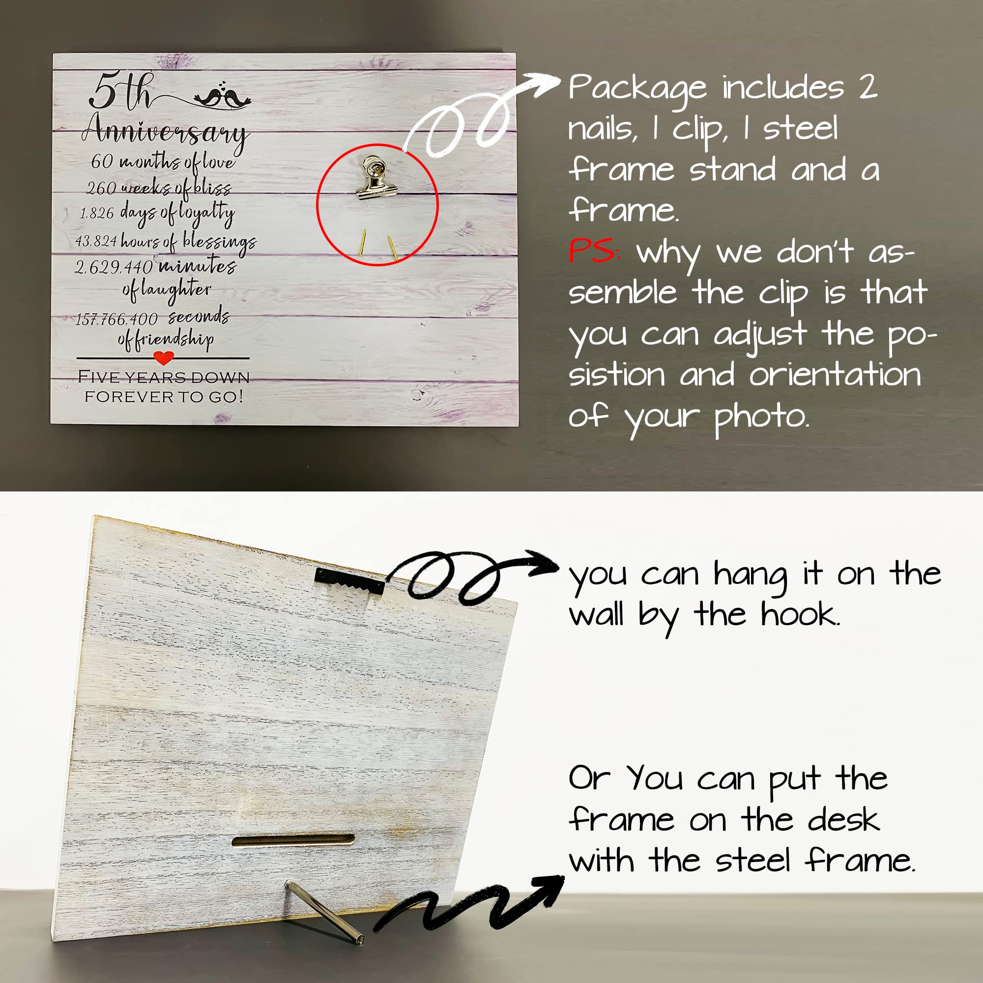 ZENNLAB 5th Anniversary Wood Picture Frame - Romantic Wedding Anniversary Gift for Couples, Husband & Wife - Perfect for Home Decor, Office Display & Cherishing Memories - Celebrate 5 Years Together with This Timeless Keepsake