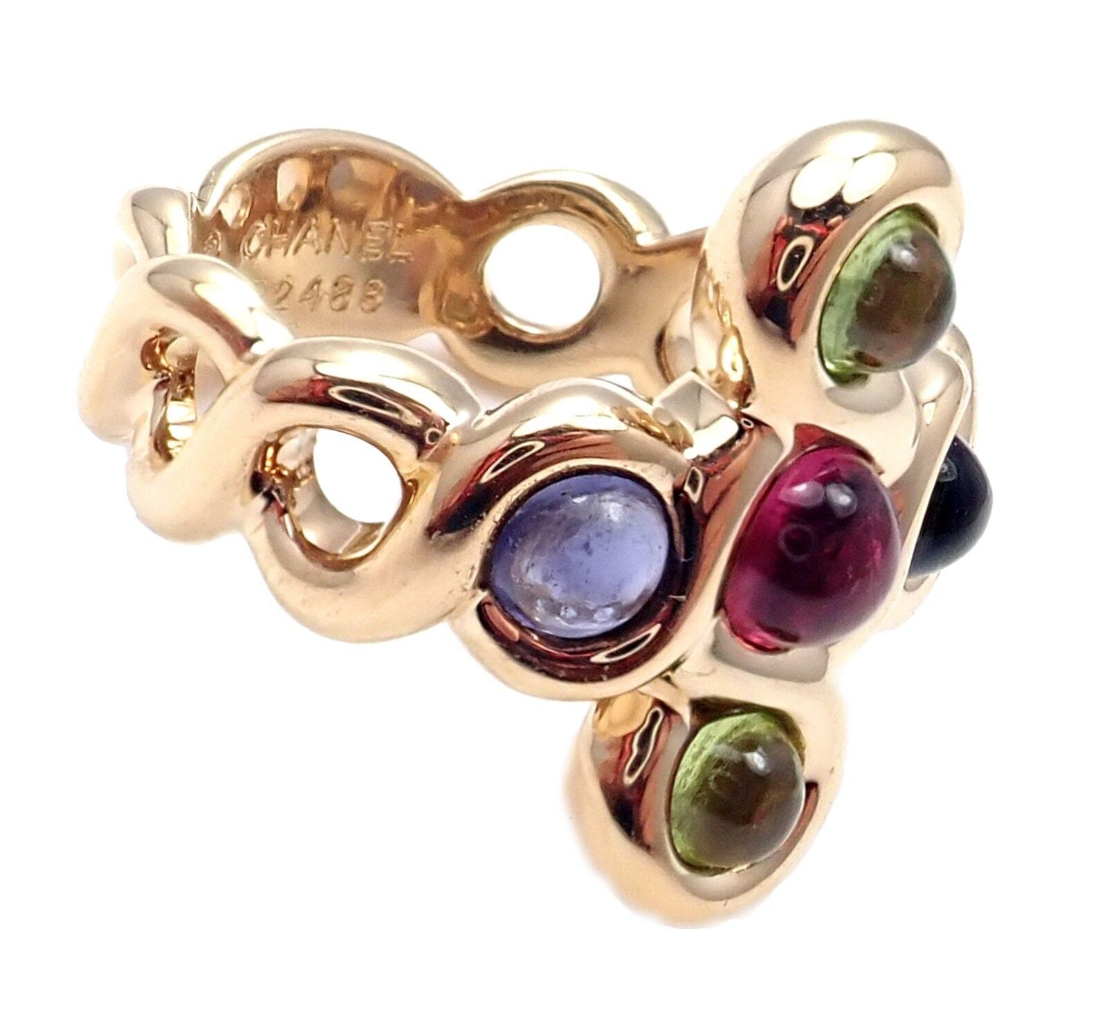 Authentic Chanel 18k Yellow Gold Pink Green Tourmaline Ring Size 4.5 - Luxury Jewelry for Women, Perfect for Weddings, Anniversaries & Special Occasions