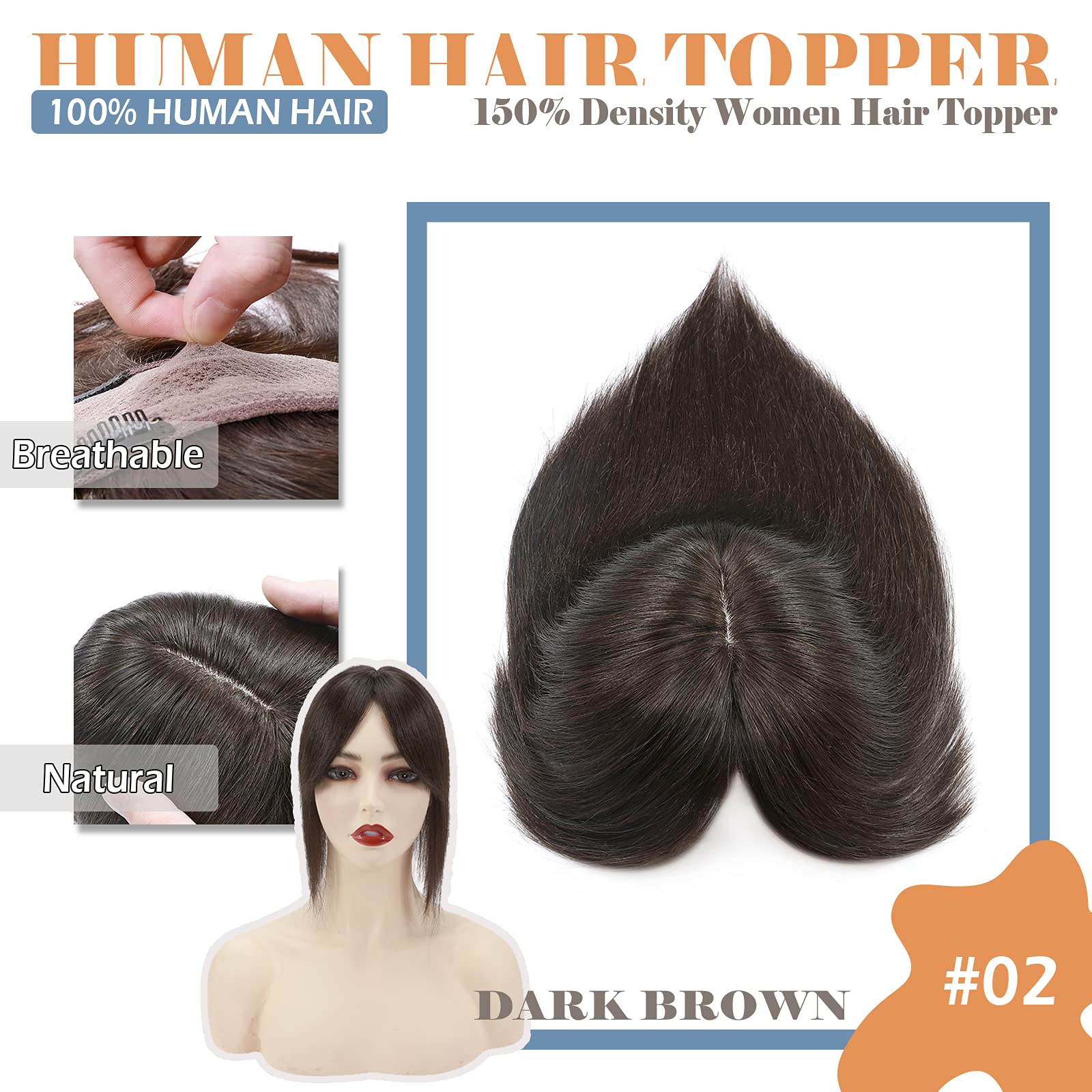 Human Hair Toppers with Bangs - 14 Inch Silk Base Clip-In Hairpiece for Women | Dark Brown (#2) | 44g | Natural Looking Toupee & Hair Extensions | Perfect for Thinning Hair, Hair Loss & Styling | Great for Daily Wear, Parties & Special Occasions