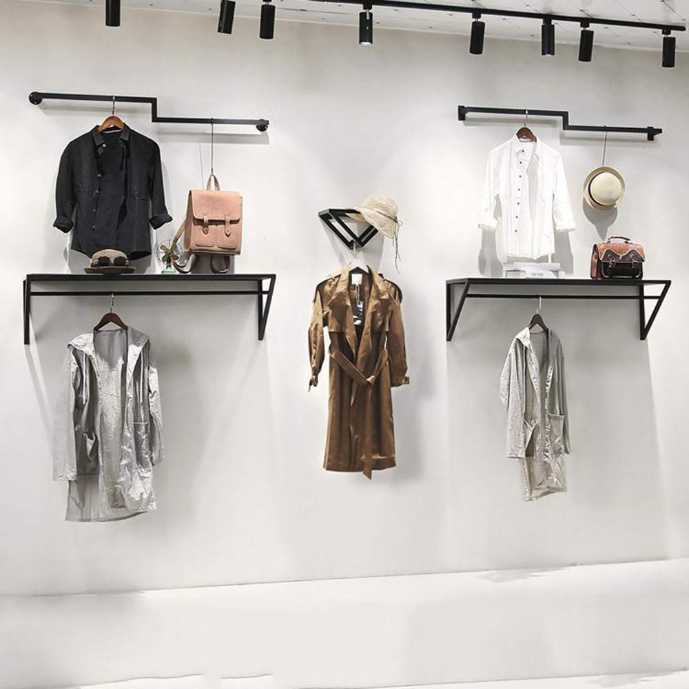 Wall-Mounted Floating Shelves - Black Coat Rack for Bedroom & Store Display