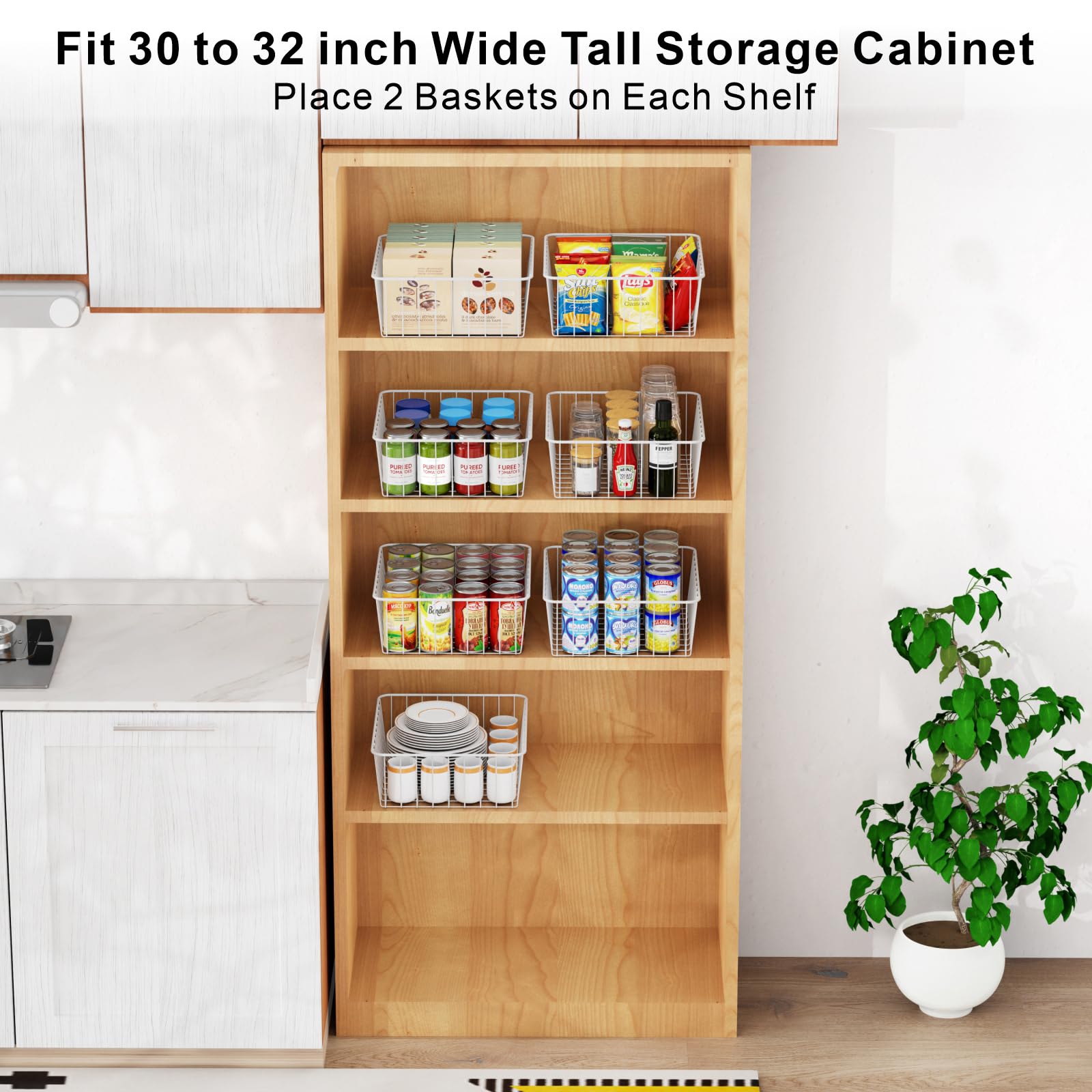 iSPECLE 4-Pack Tall Cabinet Pantry Baskets - Sturdy Wire Storage Organizers for 30-32 Inch Wide Cabinets, Easy Access to High Shelves, Secure Design Prevents Items Falling (White) - Perfect for Kitchen, Pantry & Bathroom Organization
