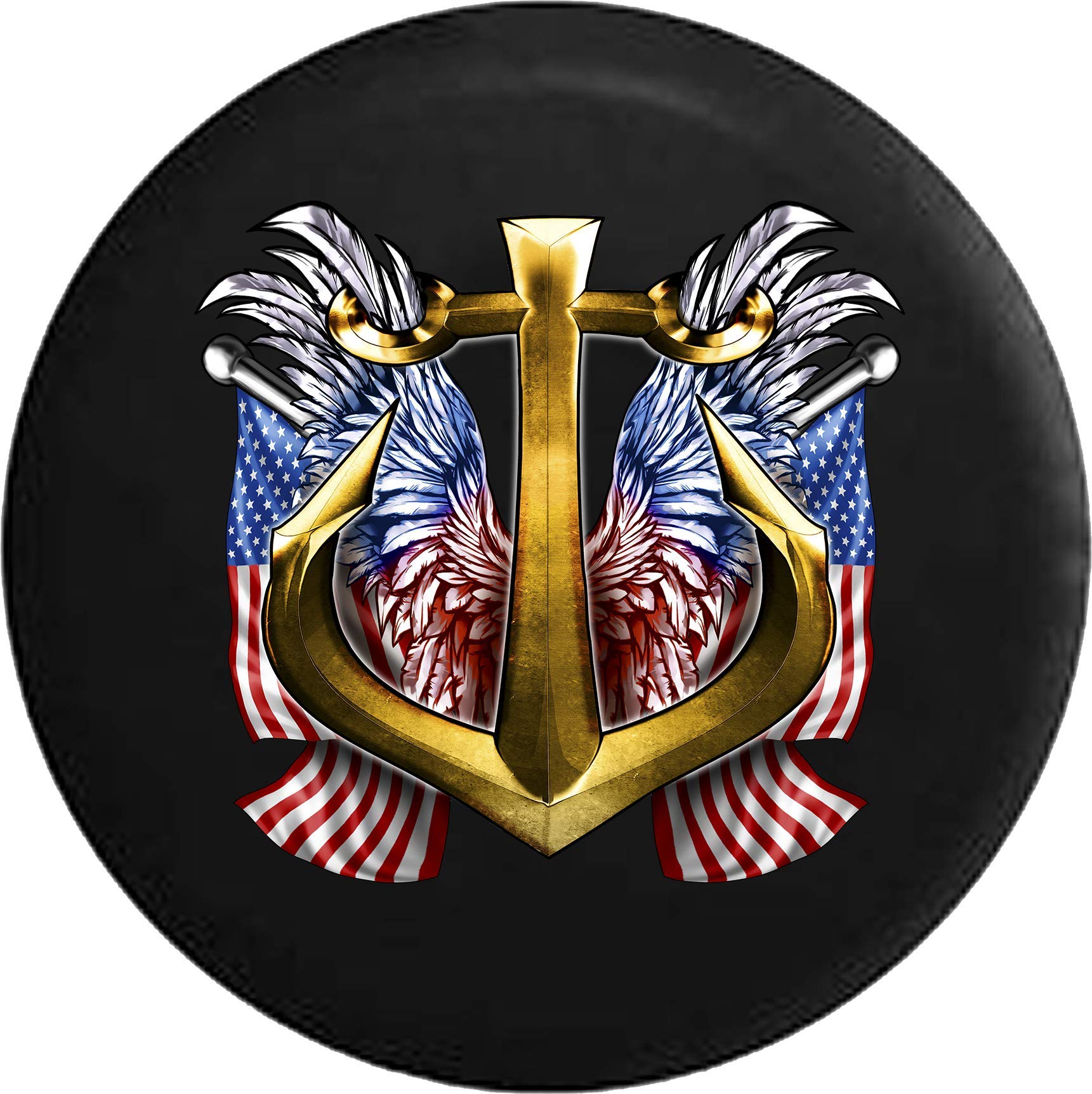 31 Inch Black Tire Cover with Golden Anchor & Red White Blue Eagle Wings - Durable SUV, Truck, RV Accessory for Outdoor Adventures & Patriotic Displays