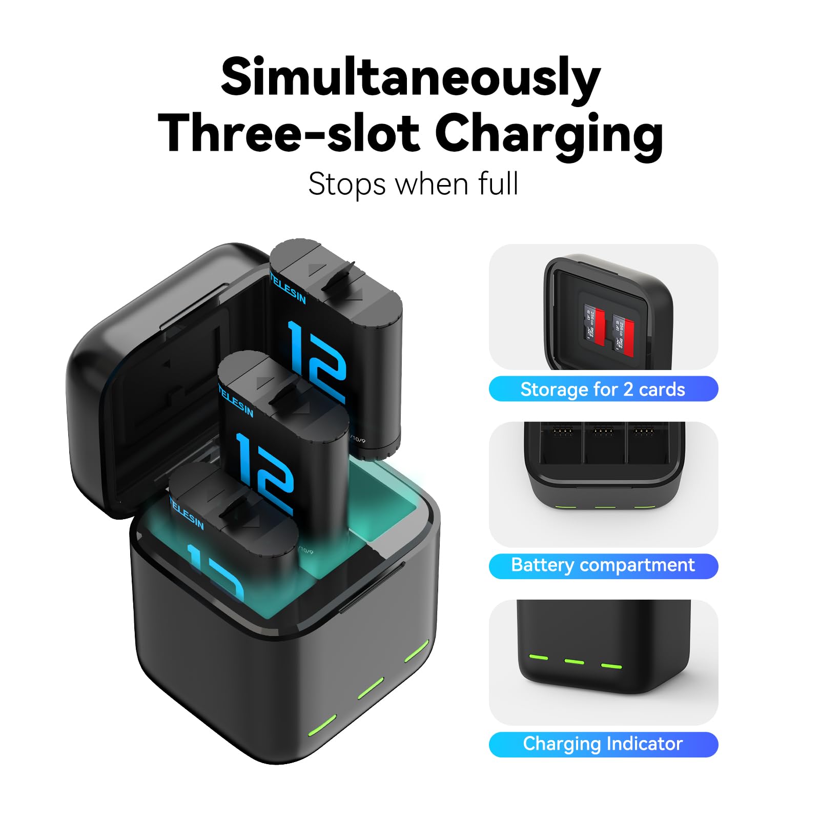 TELESIN 3-Channel USB Fast Charger with 2-Pack Batteries for GoPro Hero 12/11/10/9 Black - Quick Charging Station for Action Camera Accessories (Perfect for Travel, Vlogging & Outdoor Adventures)
