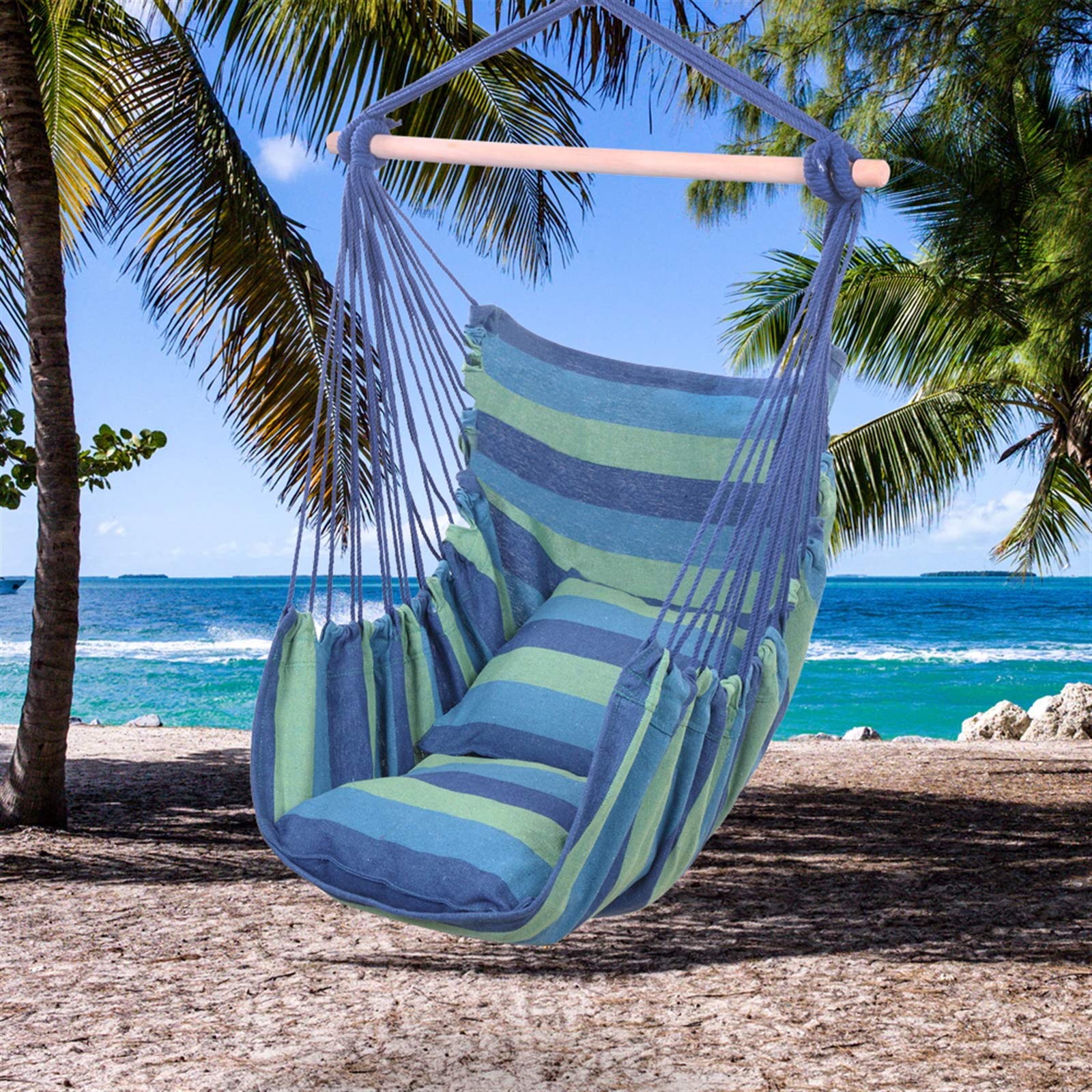 Beige Tassel Hanging Chair with Cushions - Indoor/Outdoor Hammock Swing for Bedroom, Garden, Yard, Patio & Porch - Perfect Relaxation & Boho Decor (Blue)
