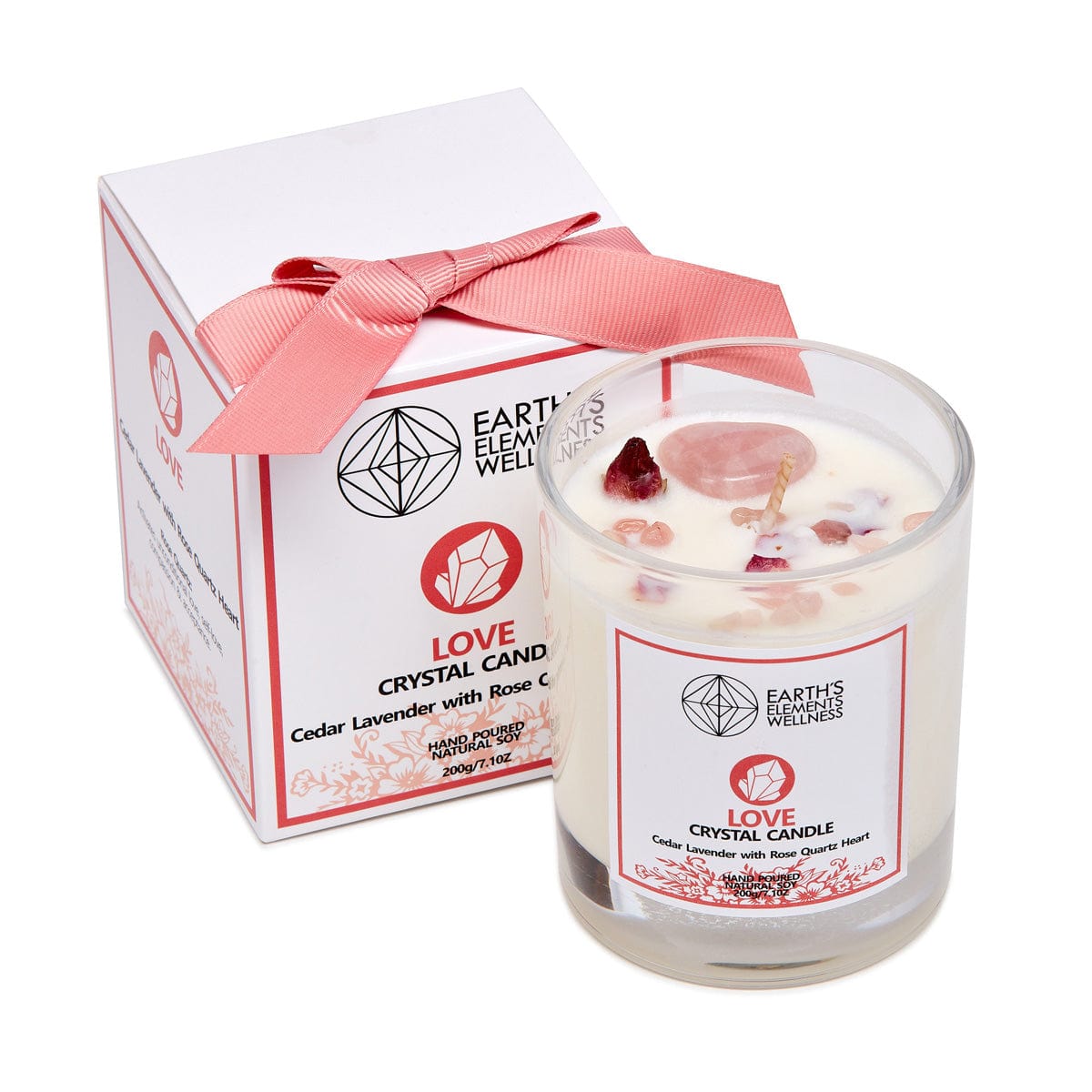 Natural Cedar Lavender Scented Crystal Candle with Rose Quartz Heart - Aromatherapy, Meditation & Romantic Gift for Home, Spa, Yoga & Bedroom Decor