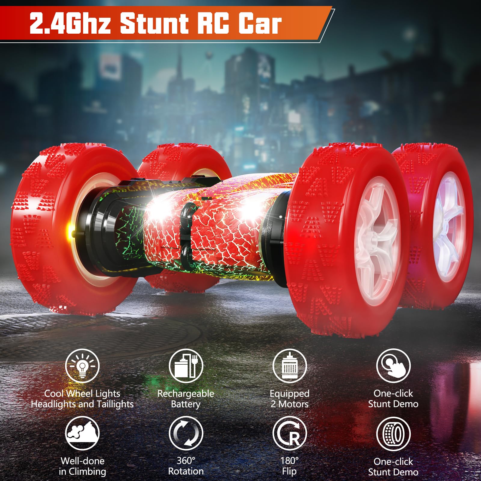 Remote Control Stunt Car for Kids 6-12 - 4WD 2.4Ghz 360° Rotating Crawler with Lights - Perfect Birthday Gift for Boys & Girls - Indoor/Outdoor Play