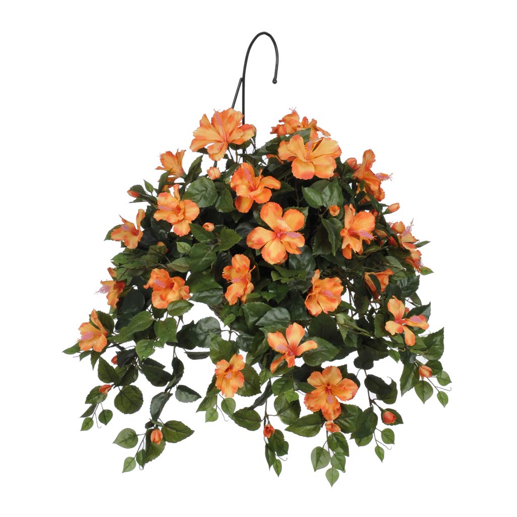 House of Silk Flowers Artificial Orange Hibiscus in Natural Water Hyacinth Hanging Basket - Perfect for Patio, Porch, and Garden Decor