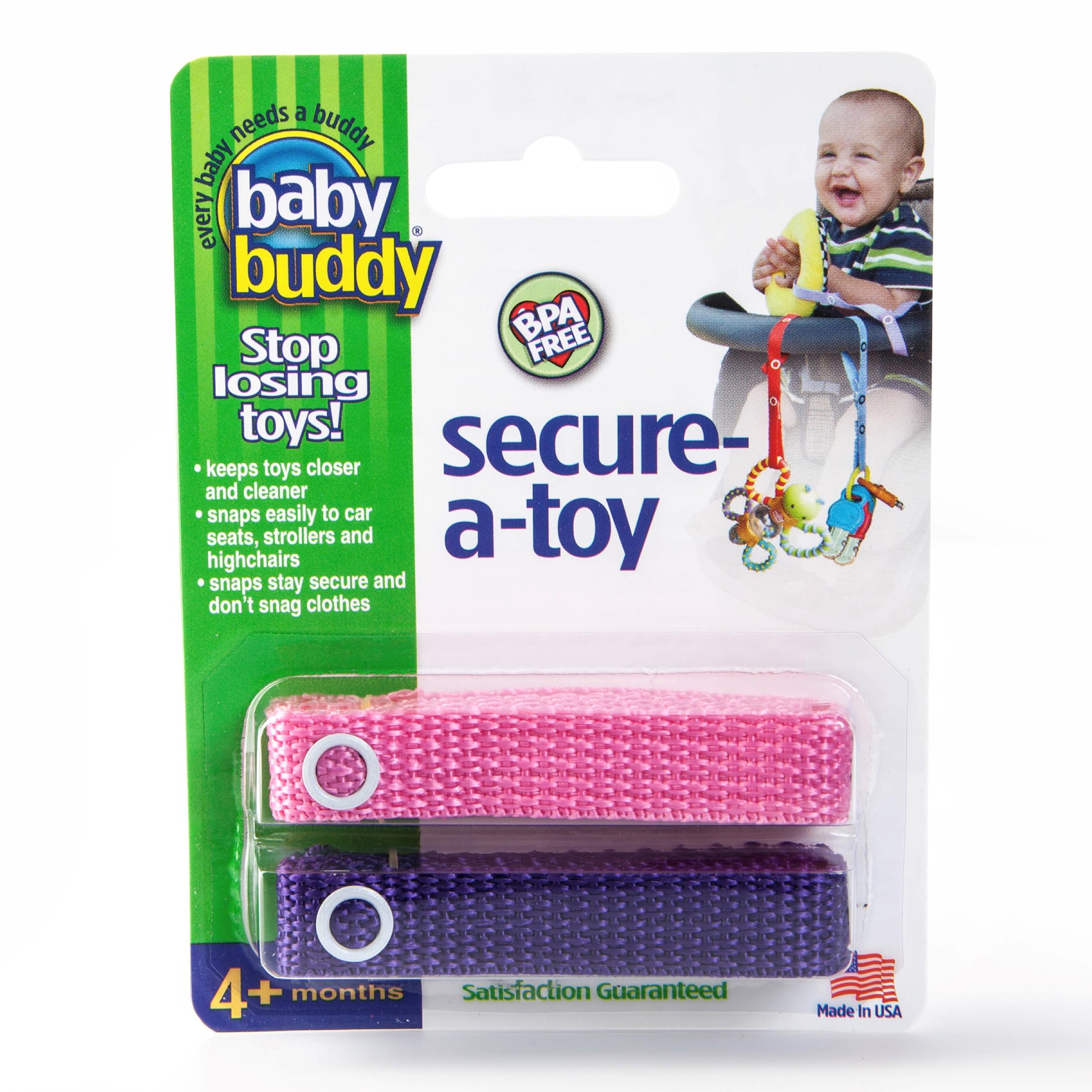 Baby Buddy Secure-a-Toy Strap - Adjustable Pacifier & Teether Holder for Strollers, Highchairs & Car Seats (2-Pack, Pink/Purple) - Keep Toys Safe On-the-Go